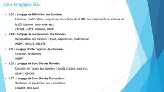  LDD : Langage de Définition des Données
o Création, modification, suppression du schéma de la BD, des composants du schéma de
la BD (colonne, contrainte etc.)
o CREATE, ALTER, RENAME, DROP
 LMD : Langage de Manipulation des Données
o Manipulation des données : ajout, suppression, modification
o INSERT, UPDATE, DELETE
 LID : Langage d’Interrogation des Données
o Sélection de données
o INSERT
 LCD : Langage de Contrôle des Données
o Contrôle de l’accès aux données : droits d’accès, vues etc.
o GRANT, REVOKE
 LCT : Langage de Contrôle des Transactions
o Validation et annulation des transactions
o COMMIT, ROLLBACK
Sous langages SQL
 
