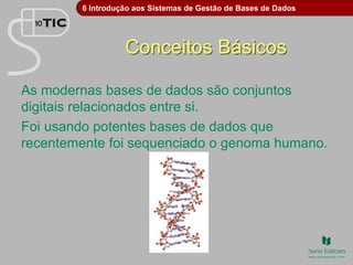 6 Introdução aos Sistemas de Gestão de Bases de Dados
Conceitos Básicos
As modernas bases de dados são conjuntos
digitais relacionados entre si.
Foi usando potentes bases de dados que
recentemente foi sequenciado o genoma humano.
 