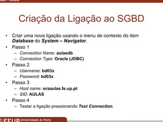 Miguel B. Gonçalves © 2003
SGBD – Oracle 14
Criação da Ligação ao SGBD
• Criar uma nova ligação usando o menu de contexto do item
Database do System – Navigator.
• Passo 1
– Connection Name: aulasdb
– Connection Type: Oracle (JDBC)
• Passo 2
– Username: bd03x
– Password: bd03x
• Passo 3
– Host name: oraaulas.fe.up.pt
– SID: AULAS
• Passo 4
– Testar a ligação pressionando Test Connection.
 