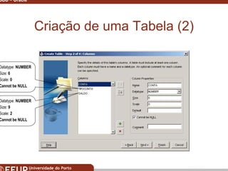 Miguel B. Gonçalves © 2003
SGBD – Oracle 17
Criação de uma Tabela (2)
Datatype: NUMBER
Size: 9
Scale: 2
Cannot be NULL
Datatype: NUMBER
Size: 6
Scale: 0
Cannot be NULL
 