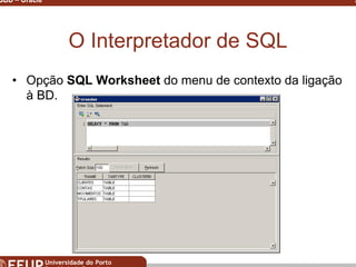 Miguel B. Gonçalves © 2003
SGBD – Oracle 21
O Interpretador de SQL
• Opção SQL Worksheet do menu de contexto da ligação
à BD.
 