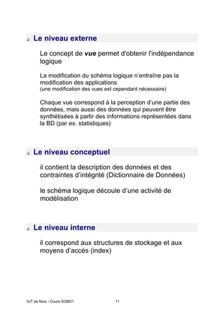 IUT de Nice - Cours SGBD1 11
Le niveau externe
Le concept de vue permet d'obtenir l'indépendance
logique
La modification du schéma logique n’entraîne pas la
modification des applications
(une modification des vues est cependant nécessaire)
Chaque vue correspond à la perception d’une partie des
données, mais aussi des données qui peuvent être
synthétisées à partir des informations représentées dans
la BD (par ex. statistiques)
Le niveau conceptuel
il contient la description des données et des
contraintes d’intégrité (Dictionnaire de Données)
le schéma logique découle d’une activité de
modélisation
Le niveau interne
il correspond aux structures de stockage et aux
moyens d’accés (index)
 