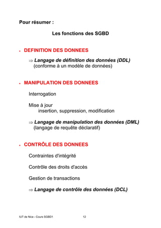 IUT de Nice - Cours SGBD1 12
Pour résumer :
Les fonctions des SGBD
• DEFINITION DES DONNEES
⇒ Langage de définition des données (DDL)
(conforme à un modèle de données)
• MANIPULATION DES DONNEES
Interrogation
Mise à jour
insertion, suppression, modification
⇒ Langage de manipulation des données (DML)
(langage de requête déclaratif)
• CONTRÔLE DES DONNEES
Contraintes d'intégrité
Contrôle des droits d'accès
Gestion de transactions
⇒ Langage de contrôle des données (DCL)
 