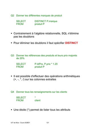 IUT de Nice - Cours SGBD1 121
Q2 Donner les différentes marques de produit
SELECT DISTINCT P.marque
FROM produit P
Contrairement à l’algèbre relationnelle, SQL n'élimine
pas les doublons
Pour éliminer les doublons il faut spécifier DISTINCT
Q3 Donner les références des produits et leurs prix majorés
de 20%
SELECT P.IdPro, P.prix * 1.20
FROM produit P
Il est possible d'effectuer des opérations arithmétiques
(+, -, *, /) sur les colonnes extraites
Q4 Donner tous les renseignements sur les clients
SELECT *
FROM client
Une étoile (*) permet de lister tous les attributs
 