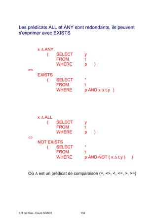 IUT de Nice - Cours SGBD1 134
Les prédicats ALL et ANY sont redondants, ils peuvent
s'exprimer avec EXISTS
x ∆ ANY
( SELECT y
FROM t
WHERE p )
⇔
EXISTS
( SELECT *
FROM t
WHERE p AND x ∆ t.y )
x ∆ ALL
( SELECT y
FROM t
WHERE p )
⇔
NOT EXISTS
( SELECT *
FROM t
WHERE p AND NOT ( x ∆ t.y ) )
Où ∆ est un prédicat de comparaison (=, <>, <, <=, >, >=)
 