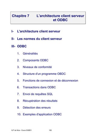 IUT de Nice - Cours SGBD1 185
Chapitre 7 L’architecture client serveur
et ODBC
I- L'architecture client serveur
II- Les normes du client serveur
III- ODBC
1. Généralités
2. Composants ODBC
3. Niveaux de conformité
4. Structure d'un programme OBDC
5. Fonctions de connexion et de déconnexion
6. Transactions dans ODBC
7. Envoi de requêtes SQL
8. Récupération des résultats
9. Détection des erreurs
10. Exemples d'application ODBC
 