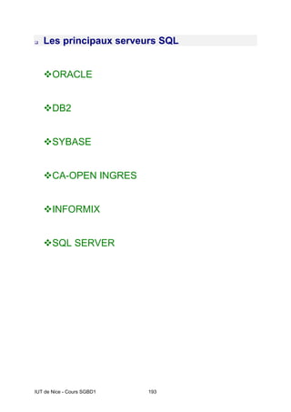 IUT de Nice - Cours SGBD1 193
Les principaux serveurs SQL
ORACLE
DB2
SYBASE
CA-OPEN INGRES
INFORMIX
SQL SERVER
 