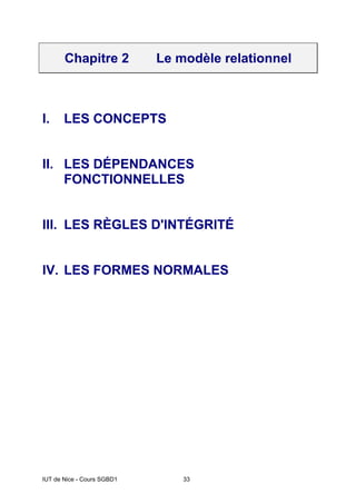 IUT de Nice - Cours SGBD1 33
Chapitre 2 Le modèle relationnel
I. LES CONCEPTS
II. LES DÉPENDANCES
FONCTIONNELLES
III. LES RÈGLES D'INTÉGRITÉ
IV. LES FORMES NORMALES
 