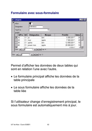 IUT de Nice - Cours SGBD1 62
Formulaire avec sous-formulaire
Permet d’afficher les données de deux tables qui
sont en relation l’une avec l’autre.
• Le formulaire principal affiche les données de la
table principale
• Le sous formulaire affiche les données de la
table liée
Si l’utilisateur change d’enregistrement principal, le
sous formulaire est automatiquement mis à jour.
 