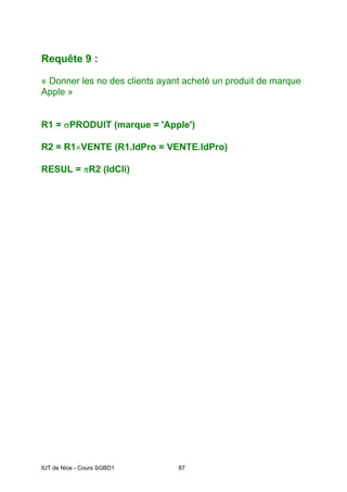 IUT de Nice - Cours SGBD1 87
Requête 9 :
« Donner les no des clients ayant acheté un produit de marque
Apple »
R1 = σPRODUIT (marque = 'Apple')
R2 = R1×VENTE (R1.IdPro = VENTE.IdPro)
RESUL = πR2 (IdCli)
 