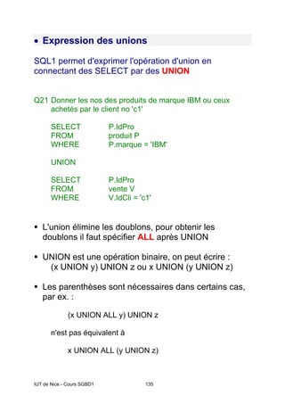 IUT de Nice - Cours SGBD1 135
• Expression des unions
SQL1 permet d'exprimer l'opération d'union en
connectant des SELECT par des UNION
Q21 Donner les nos des produits de marque IBM ou ceux
achetés par le client no 'c1'
SELECT P.IdPro
FROM produit P
WHERE P.marque = 'IBM'
UNION
SELECT P.IdPro
FROM vente V
WHERE V.IdCli = 'c1'
ƒ L'union élimine les doublons, pour obtenir les
doublons il faut spécifier ALL après UNION
ƒ UNION est une opération binaire, on peut écrire :
(x UNION y) UNION z ou x UNION (y UNION z)
ƒ Les parenthèses sont nécessaires dans certains cas,
par ex. :
(x UNION ALL y) UNION z
n'est pas équivalent à
x UNION ALL (y UNION z)
 