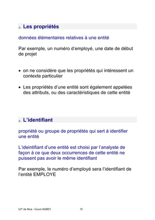 IUT de Nice - Cours SGBD1 15
‰ Les propriétés
données élémentaires relatives à une entité
Par exemple, un numéro d’employé, une date de début
de projet
• on ne considère que les propriétés qui intéressent un
contexte particulier
• Les propriétés d’une entité sont également appelées
des attributs, ou des caractéristiques de cette entité
‰ L’identifiant
propriété ou groupe de propriétés qui sert à identifier
une entité
L’ideintifiant d’une entité est choisi par l’analyste de
façon à ce que deux occurrences de cette entité ne
puissent pas avoir le même identifiant
Par exemple, le numéro d’employé sera l’identifiant de
l’entité EMPLOYE
 