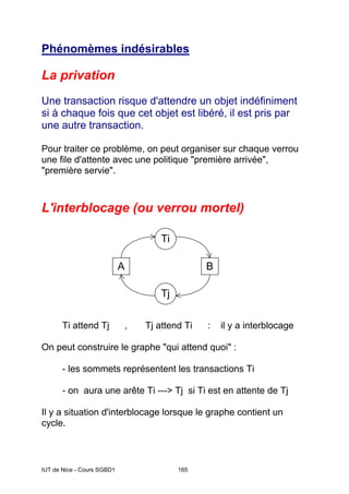 IUT de Nice - Cours SGBD1 165
Phénomèmes indésirables
La privation
Une transaction risque d'attendre un objet indéfiniment
si à chaque fois que cet objet est libéré, il est pris par
une autre transaction.
Pour traiter ce problème, on peut organiser sur chaque verrou
une file d'attente avec une politique "première arrivée",
"première servie".
L'interblocage (ou verrou mortel)
Ti attend Tj , Tj attend Ti : il y a interblocage
On peut construire le graphe "qui attend quoi" :
- les sommets représentent les transactions Ti
- on aura une arête Ti ---> Tj si Ti est en attente de Tj
Il y a situation d'interblocage lorsque le graphe contient un
cycle.
A B
Ti
Tj
 