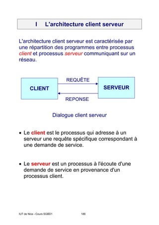 IUT de Nice - Cours SGBD1 186
I L'architecture client serveur
L'architecture client serveur est caractérisée par
une répartition des programmes entre processus
client et processus serveur communiquant sur un
réseau.
Dialogue client serveur
• Le client est le processus qui adresse à un
serveur une requête spécifique correspondant à
une demande de service.
• Le serveur est un processus à l'écoute d'une
demande de service en provenance d'un
processus client.
SERVEUR
CLIENT
REPONSE
REQUÊTE
 