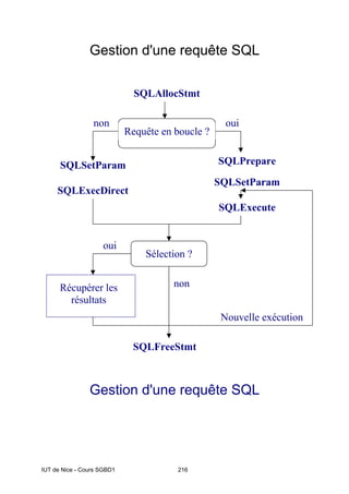 IUT de Nice - Cours SGBD1 216
Gestion d'une requête SQL
Gestion d'une requête SQL
oui
non
oui
SQLAllocStmt
SQLFreeStmt
Sélection ?
non
SQLExecDirect
SQLSetParam
SQLSetParam
SQLPrepare
SQLExecute
Nouvelle exécution
Récupérer les
résultats
Requête en boucle ?
 
