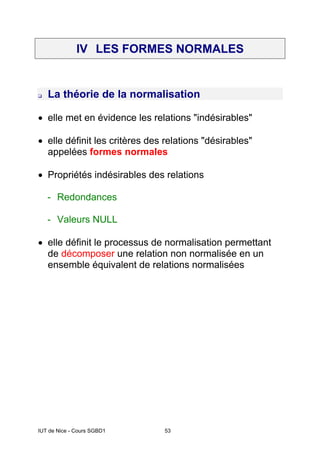 IUT de Nice - Cours SGBD1 53
IV LES FORMES NORMALES
‰ La théorie de la normalisation
• elle met en évidence les relations "indésirables"
• elle définit les critères des relations "désirables"
appelées formes normales
• Propriétés indésirables des relations
- Redondances
- Valeurs NULL
• elle définit le processus de normalisation permettant
de décomposer une relation non normalisée en un
ensemble équivalent de relations normalisées
 