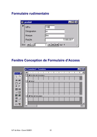 IUT de Nice - Cours SGBD1 61
Formulaire rudimentaire
Fenêtre Conception de Formulaire d’Access
 