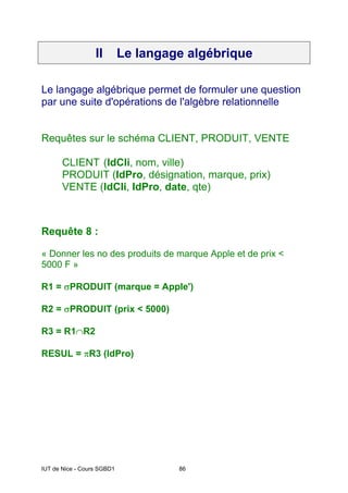 IUT de Nice - Cours SGBD1 86
II Le langage algébrique
Le langage algébrique permet de formuler une question
par une suite d'opérations de l'algèbre relationnelle
Requêtes sur le schéma CLIENT, PRODUIT, VENTE
CLIENT (IdCli, nom, ville)
PRODUIT (IdPro, désignation, marque, prix)
VENTE (IdCli, IdPro, date, qte)
Requête 8 :
« Donner les no des produits de marque Apple et de prix <
5000 F »
R1 = σPRODUIT (marque = Apple')
R2 = σPRODUIT (prix < 5000)
R3 = R1∩R2
RESUL = πR3 (IdPro)
 