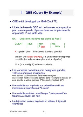 IUT de Nice - Cours SGBD1 95
II QBE (Query By Example)
• QBE a été développé par IBM (Zloof 77)
• L'idée de base de QBE est de formuler une question
par un exemple de réponse dans les emplacements
appropriés d'une table vide
Ex.: Quels sont les noms des clients de Nice ?
CLIENT | IdCli | nom | ville |
| | P.toto | Nice |
P. signifie "print" ; il indique le but de la question
toto est une valeur exemple, i.e. un exemple de réponse
possible (les valeurs exemples sont soulignées)
Nice (non souligné) est une constante
• Les variables domaines sont désignées par des
valeurs exemples soulignées
elles servent pour établir des liens entre des lignes
si aucun lien n'est nécessaire, comme dans l'exemple ci-dessus, on
peut omettre la valeur exemple (P.toto peut être réduit à P.)
• Une variable non imprimée non précédéee de P. est
implicitement quantifiée par "il existe"
• Une variable peut être quantifiée par "quel-que-soit" en
tapant ALL. devant son nom
• La disjonction (ou) est exprimée en utilisant 2 lignes (2
exemples)
 