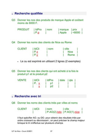 IUT de Nice - Cours SGBD1 97
‰ Recherche qualifiée
Q3 Donner les nos des produits de marque Apple et coûtant
moins de 8000 F.
PRODUIT | IdPro | nom | marque | prix |
| P.p | | Apple | <8000 |
Q4 Donner les noms des clients de Nice ou Rome
CLIENT | IdCli | nom | ville |
| P.x | | Nice |
| P.y | | Rome |
• Le ou est exprimé en utilisant 2 lignes (2 exemples)
Q5 Donner les nos des clients qui ont acheté à la fois le
produit p1 et le produit p2
VENTE | IdCli | IdPro | date | qte |
| P. x | p1 | | |
| x | p2 | | |
‰ Recherche avec tri
Q6 Donner les noms des clients triés par villes et noms
CLIENT | IdCli | nom | ville |
| | P.AO(2).toto | P.AO(1).nice |
il faut spécifier AO. ou DO. pour obtenir des résultats triés par
ordre croissant ou décroissant ; on peut préciser le champ majeur
lorsque le tri s'effectue sur plusieurs champs
 