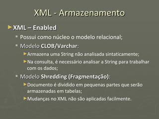 XML - Armazenamento XML – Enabled Possui como núcleo o modelo relacional; Modelo  CLOB/Varchar : Armazena uma String não analisada sintaticamente; Na consulta, é necessário analisar a String para trabalhar com os dados; Modelo  Shredding (Fragmentação) : Documento é dividido em pequenas partes que serão armazenadas em tabelas; Mudanças no XML não são aplicadas facilmente. 