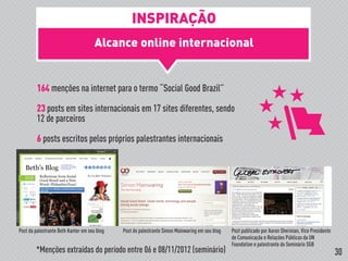 Alcance online internacional
!
164 menções na internet para o termo “Social Good Brazil”
23 posts em sites internacionais em 17 sites diferentes, sendo
12 de parceiros
6 posts escritos pelos próprios palestrantes internacionais
Post do palestrante Simon Mainwaring em seu blog Post publicado por Aaron Sherinian, Vice Presidente
de Comunicação e Relações Públicas da UN
Foundation e palestrante do Seminário SGB
Post da palestrante Beth Kanter em seu blog
INSPIRAÇÃO
*Menções extraídas do período entre 06 e 08/11/2012 (seminário) 30
 