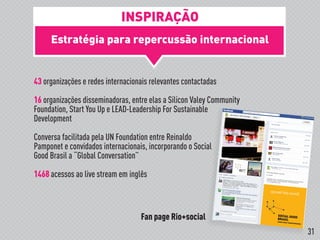 Estratégia para repercussão internacional
!
43 organizações e redes internacionais relevantes contactadas
16 organizações disseminadoras, entre elas a Silicon Valey Community
Foundation, Start You Up e LEAD-Leadership For Sustainable
Development
Conversa facilitada pela UN Foundation entre Reinaldo
Pamponet e convidados internacionais, incorporando o Social
Good Brasil a “Global Conversation”
1468 acessos ao live stream em inglês
Fan page Rio+social
INSPIRAÇÃO
31
 