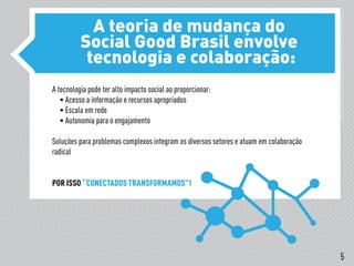 A teoria de mudança do
Social Good Brasil envolve
tecnologia e colaboração:
A tecnologia pode ter alto impacto social ao proporcionar:
• Acesso a informação e recursos apropriados
• Escala em rede
• Autonomia para o engajamento
Soluções para problemas complexos integram os diversos setores e atuam em colaboração
radical
POR ISSO “CONECTADOS TRANSFORMAMOS”!
5
 