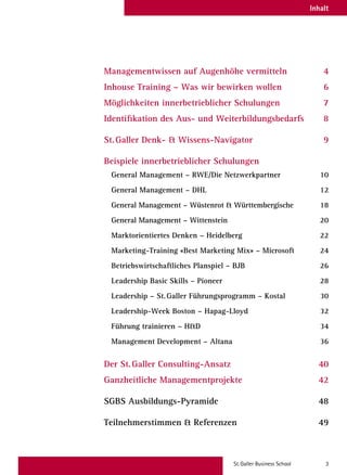 St. Galler Business School 3
Inhalt
Managementwissen auf Augenhöhe vermitteln 4
Inhouse Training – Was wir bewirken wollen 6
Möglichkeiten innerbetrieblicher Schulungen 7
Identifikation des Aus- und Weiterbildungsbedarfs 8
St. Galler Denk-  Wissens-Navigator 9
Beispiele innerbetrieblicher Schulungen
General Management – RWE/Die Netzwerkpartner 10
General Management – DHL 12
General Management – Wüstenrot  Württembergische18
General Management – Wittenstein20
Marktorientiertes Denken – Heidelberg 22
Marketing-Training «Best Marketing Mix» – Microsoft 24
Betriebswirtschaftliches Planspiel – BJB 26
Leadership Basic Skills – Pioneer 28
Leadership – St. Galler Führungsprogramm – Kostal 30
Leadership-Week Boston – Hapag-Lloyd 32
Führung trainieren – HD 34
Management Development – Altana 36
Der St. Galler Consulting-Ansatz 40
Ganzheitliche Managementprojekte  42
SGBS Ausbildungs-Pyramide 48
Teilnehmerstimmen  Referenzen 49
 