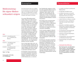 101
Medientraining:
Die eigene Medien-
wirksamkeit steigern
Themenblöcke
Das Intensivtraining richtet sich an Mitglie-
der des Vorstandes und der Geschäftsleitung
sowie an Unternehmer und obere Führungs-
kräfte, die in der Öffentlichkeit und gegen-
über TV/Hörfunk/Print-Journalisten ihr Un-
ternehmen nach Aussen hin vertreten.
Wo normale Öffentlichkeitsarbeit
aufhört, fängt das St.Galler Intensiv-
training zur Steigerung der eigenen
Medienwirksamkeit an. An zahlreichen
Beispielen der aktuellen Presse erleben
wir immer wieder, wie entscheidend
ein medialer Auftritt für die eigene
Person, das Unternehmens-Image,
für eine Marke und damit oft für das
gesamte Unternehmen ist. Mögliche
schwierige Situationen im Verlauf der
Unternehmensentwicklung gibt es da-
bei zu Genüge: Verfehlte finanzielle
Erwartungen, an die Öffentlichkeit
getragene personelle Probleme, Pro-
duktmängel, Managementverfehlungen,
Umweltskandale – ob wahr oder nicht:
Schnell kann aus einer ungeschickten
Reaktion eine Krise entstehen.
Nur wer schon lange vorher weiss, wor-
auf es bei Journalisten ankommt und wie
im Ernstfall tatsächlich optimal Rede und
Antwort gegeben wird, kann sein Unter-
nehmen wirkungsvoll vertreten, Gefah-
ren abwenden und Chancen nutzen.
Der Workshop trainiert professionel-
les Verhalten gegenüber Printmedien,
Hörfunk und Fernsehen anhand von
häufigen, realistischen Szenarien, die
auf die Branchen der ca. 6 anwesen-
den Teilnehmenden angepasst werden.
Die Arbeit gegenüber Medienvertretern
wird der konkreten Situation nach-
empfunden. Dabei steigern sich die
Inhalte von Pressemitteilungen über
«Nachrichten-O-Töne», Pressekonferenz
und Interviews bis hin zur realistischen
medialen Krisenbewältigung im eigenen
Unternehmen.
Das Training wird in Zusammenarbeit
mit der Medienakademie München,
Journalisten von z.B. ntv, ARD und RTL
sowie Vertretern bedeutender Print-
medien wie z.B. der Financial Times
Deutschland, des Spiegels und weiteren
Journalisten durchgeführt.
Um die Szenarien möglichst realistisch
zu gestalten, finden Pressekonferenzen
mit Medienvertretern vor Kamerateam
und Mikrophon statt. Die Fernsehsitu-
ationen werden mit Berufsjournalisten
i.d.R. im Sendestudio von RTL/ntv Süd
durchgeführt.
Die Referenten sind aktive Journalisten
der verschiedenen Medienbereiche und
garantieren ein Höchstmass an Pro-
fessionalität und praktischer Relevanz.
Die Teilnehmerzahl von ca. 6 Personen
garantiert einen effektiven und nach-
haltigen Lernerfolg, um in der Echtsitu-
ation richtig zu reagieren. Am Ende des
Trainings erhält jeder Teilnehmer eine
DVD mit den Sendemitschnitten und HF/
Printbeiträgen.
so schaffen Sie die Basis für professionelle
Medienauftritte
die Spielregeln der Medien kennen
wie Medien Unternehmen im Krisenfall
darstellen - Was tun, wenn Reporter und
Kamerateams bereits auf sie warten?
die Dramaturgie eines Medienauftrittes
mediale Fallstricke von Anfang an vermeiden
Kameraauftritte, Presse- und Radiointer-
views locker und doch höchst wirksam
meistern
Botschaften in den Medien sympathisch
kommunizieren, komplizierte Fakten einfach
mit Bildern, Assoziationen und Emotionen
auf den Punkt bringen
wie Informationen statt Aufregung oder
Nervosität transportiert werden
Interviews mit kritischen Gesprächspart-
nern in Radio und TV
die Pressekonferenz: Von der Planung bis
zur Behandlung brenzliger Fragen
Pressemitteilungen, die maximale Präsenz
verheissen
Individuelle Durchführung:
Das Training kann mit überschau-
barem Kosten- und Zeitbudget
auch massgeschneidert individuell
durchgeführt werden. Verlangen
Sie eine Spezialofferte und Refe-
renzen.
Konzeption
2015
Nr. 63215 2. Durchführung 2015
10.–11. Dezember 2015
München
2016
Nr. 63116 1. Durchführung 2016
7.–8. Juli 2016
München
Nr. 63216 2. Durchführung 2016
8.–9. Dezember 2016
München
Dauer: 1x2 Tage
Seminargebühr: CHF 4400.–
ca. 6 Teilnehmende
 
