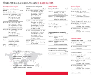 St. Galler Business School 11
International Junior Management
Program Page 76
No. 25215	 part 1	December 4 – 6, 2015
		 part 2	March 11 – 13, 2016
		 part 3 March 18 – 20, 2016
		 part 4 July 4 – 6, 2016
		 Stein am Rhein / Luzern / 
		 St. Gallen / St. Gallen or
		 June 2016, Cracow
No.	25116	 part 1	March 18 – 20, 2016
		 part 2	June 10 – 12, 2016
		 part 3	September 23 – 25, 2016
		 part 4	December 5 – 7, 2016
		 St. Gallen / Flims / Lucerne /
		 St. Gallen or Cracow
No.	25216	 part 1	September 23 – 25, 2016
		 part 2	December 2 – 4, 2016
		 part 3	March 24 – 26, 2017
		 part 4	July 3 – 5, 2017
		 Lucerne / Stein am Rhein / 
		 St. Gallen or Cracow
Part 1–3: 	 English
Part 4: 	English or German (depending
on your choice)
General Management Programs
International Senior Management
­Program Page 70
Lucerne – London – Boston
No. 10215	 part 1	November 2 – 5, 2015
		 part 2	March 14 – 17, 2016
		 part 3	June 20 – 24, 2016
		 Lucerne (or Boston USA) / 
		 London / Boston, USA
No.	10116	 part 1	June 13 – 16, 2016
		 part 2	September 5 – 8, 2016
		 part 3	November 14 – 18, 2016
		 Lucerne / London / Boston, USA
No.	10216	 part 1	November 7 – 10, 2016
		 part 2	March 2017
		 part 3	June 2017
		 Lucerne (or Boston USA) / 
		 London / Boston, USA
Location:
Part 1:	 Lucerne (in German) or
		 Boston, USA, (in English,
		 in November)
Part 2:	 London (in English)
Part 3:	 Boston, USA (in English)
Übersicht International Seminars in English 2016
Strategy Programs
Strategy-Week Boston Page 73
No.	34116	 1st Accomplishment 2016
		 November 7 – 11, 2016	
		 Boston, USA, Harvard Club
No.	34117	 1st Accomplishment 2017
		 November 6 – 10, 2017	
		 Boston, USA, Harvard Club
Asia-Week Shanghai Page 72
No. A1117	 May 15 – 19, 2017
		 Shanghai
Strategic  Marketing Management
for Talents Page 78
No.	47116	 March 18 – 20, 2016
		 St. Gallen
		(in English, Friday to Sunday)
No.	47216	 September 2 – 4, 2016
		 St. Gallen
		(in English, Friday to Sunday)
Cracow University: European Integrated
Management Program (MBA), Cracow
 Page 81
October 3, 2016 Cracow / St. Gallen
Strategy Week, Harvard Club of Boston,
Boston
Leadership Week, Harvard Club of
Boston, Boston
Finance Week, London School of
Economics (LSE), London
Asia Week, China Europe International
Business School (CEIBS), Shanghai.
Financial Programs
Finance-Week London Page 75
No.	52116	 March 14 – 17, 2016
		 London, School of Economics
No.	52216	 September 5 – 8, 2016
		 London, School of Economics
Financial Management for Talents Page 79
No. 58116	 March 11 – 13, 2016
		 Lucerne
		(in English, Friday to Sunday)
No. 58216	 September 23 – 25, 2016
		 Lucerne
		(in English, Friday to Sunday)
Leadership Programs
Leadership-Week Boston Page 74
No.	72116	 June 20 – 24, 2016
		 Boston, USA
No.	72216	 November 14 – 18, 2016
		 Boston, USA
Leadership for Talents Page 80
No.	77215	 December 4 – 6, 2015
		 Stein am Rhein
		(in English, Friday to Sunday)
No.	77116	 June 10 – 12, 2016
		 Flims
		(in English, Friday to Sunday)
No.	77216	 December 2 – 4, 2016
		 Stein am Rhein
		(in English, Friday to Sunday)
 