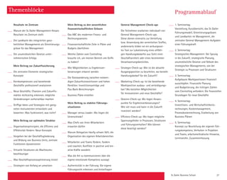 St. Galler Business School 27
Themenblöcke Programmablauf
Resultate im Zentrum
Warum der St. Galler Management-Ansatz
Resultate ins Zentrum stellt
Die Landkarte des integrierten ganz-
heit­lichen Managements als Orientierungs­­
grösse für das Management
Die unumstösslichen Gesetze unter­
nehmerischen Erfolgs
Mein Beitrag zur Zukunftssicherung
Die zentralen Elemente strategischer
­Konzepte
Kernkompetenzen und bestehende
­Geschäfte professionell analysieren
Neue Geschäfte, Chancen und Zukunfts-
märkte rechtzeitig erkennen, mögliche
­Veränderungen vorhersehbar machen
Griffige Ideen und Strategien mit geeig-
neten Instrumenten entwickeln und
­bewerten: Was funktioniert, was nicht?
Mein Beitrag zur optimalen Struktur
Organisationsprinzipien, die Effizienz und
Effektivität fördern: Neue Konzepte
Vorgehen bei der Geschäftsgliederung
und Bildung von Business Units, zentrale
Funktionen dynamisieren
Virtuelle Strukturen als Wachstums­
beschleuniger
Was Geschäftsprozessoptimierung leistet
Strategien von Anfang an ­umsetzen
Mein Beitrag zu den wesentlichen
­finanzwirtschaftlichen Grössen
Das ABC des modernen Finanz- und
­Rechnungswesens
Finanzwirtschaftliche Ziele in Pläne und
Budgets überführen
Welche Zahlen vom Controlling
brauche ich, um meinen Bereich «im Griff»
zu haben?
Wie Möglichkeiten zu Ergebnis­ver­
besserungen erkannt werden
Die Gratwanderung zwischen notwen-
digen Zukunftsinvestitionen und hohen
Renditen: Investitionsanträge und
Pay-Back-Berechnungen
Business Pläne erstellen
Mein Beitrag zu stabilen Führungs­
situationen
Manager versus Leader: Wo liegen die
­Unterschiede?
Was Chefs von ihren Mitarbeitern
­erwarten dürfen
Warum Delegation häufig schwer fällt; die
Organisation des eigenen Arbeitsbereiches
Mitarbeiter und Teams fördern, fordern
und coachen, Konflikte in positive und kre-
ative Kräfte wandeln
Was die Art zu kommunizieren über die
­eigene emotionale Kompetenz aussagt
Authentizität in der Führung: Die eigene
Führungsrolle erkennen und hinterfragen
General Management Check-ups
Die Teilnehmer erarbeiten individuell vier
General Management-Check-ups.
Diese dienen einerseits zur Vertiefung
bzw. Anwendung des vermittelten Stoffes,
­andererseits bilden sie ein wirkungsvol-
les Tool zur Lokalisierung eines allfälli-
gen Handlungsbedarfes aus Sicht einer
­Geschäftseinheit oder eines bestimmten
Verantwortungsbereiches.
Strategie-Check-up: Wie ist die aktuelle
Ausgangsposition zu beurteilen, wo besteht
Handlungsbedarf für die Zukunft?
Marketing-Check-up: Ist die bestehende
Marktposition ausbau- und verteidigungs-
bar? Wo bestehen Möglichkeiten
für Innovationen und neue Geschäfte?
Gewinn-Check-up: Wo liegen Ansatz-
punkte für Ergebnisverbesserungen?
Wie viel muss und kann in die Zukunft
­investiert werden?
Effizienz-Check-up: Wo liegen mögliche
Spannungsfelder in Prozessen, Strukturen
und Führungsverhalten? Wie können
diese beseitigt werden?
1. Seminartag:
Vorstellung, Kurzübersicht, das St. Galler
Führungsmodell, Orientierungsgrössen
und Landkarten im Management, die
zentralen General Management-Aufgaben
einer Führungskraft
2. Seminartag:
Strategisches Management: Der Sprung
in die Zukunft, strategische Planung,
­unumstössliche Gesetze und Gebote des
strategischen Managements, von der
­Strategie zu Prozessen und Strukturen
3. Seminartag:
Aufgebaute Marktpositionen finanziell
ausschöpfen: Finanzielle Planung
und Budgetierung, die richtigen Zahlen
vom Controlling anfordern. Die finanziellen
Grundlagen für neue Geschäfte
4. Seminartag:
Investitions- und Wirtschaftlichkeits­
rechnungen, Kostenmanagement, ­
Prozesskostenrechnung, Erarbeitung von
Business Plänen
5. Seminartag:
Konzept zur Beurteilung der eigenen Füh-
rungskompetenz, Verhalten in Projekten
und Teams, arbeitsmethodische Hinweise,
Lerntransfer, Zusammenfassung
 