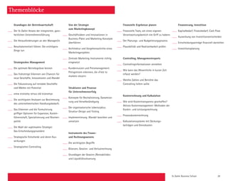 St. Galler Business School 29
Themenblöcke
Grundlagen der Betriebswirtschaft
Der St. Galler Ansatz der integrierten, ganz-
heitlichen Unternehmensführung
Die Herausforderungen an den Manager/in
Resultatorientiert führen: Die «richtigen»
Dinge tun
Strategisches Management
Die optimale Betriebsgrösse kennen
Das frühzeitige Erkennen von Chancen für
neue Geschäfte, Innovationen und Wandel
Die Fokussierung auf rentable Geschäfte
und Märkte mit Potential
«new economy versus old economy»
Die wichtigsten Analysen zur Bestimmung
des unternehmerischen Handlungsbedarfs
Das Erkennen und die Formulierung
­griffiger Optionen für Expansion, Kosten­
führerschaft, Spezialisierung und Nischen-
politik
Die Wahl der «optimalen» Strategie:
Das Entscheidungsprozedere
Strategische Entscheide und deren Aus-
wirkungen
Strategisches Controlling
Von der Strategie
zum Marketingkonzept
Geschäftsideen und Innovationen in
Business-Pläne und Marketing-Konzepte
überführen
Architektur und Vorgehensschritte eines
Marketingprojektes
Zentrale Marketing-Instrumente richtig
eingesetzt
Kundennutzen und Preismanagement:
Preisgrenzen erkennen, die «Time to
­market» steuern
Strukturen und Prozesse
für Unternehmenserfolg
Konzepte für Revitalisierung, Dynamisie-
rung und Verselbständigung
Der organisatorische Lebenszyklus.
Struktur-Design und Testing
Implementierung: Wandel bewirken und
umsetzen
Instrumente des Finanz-
und Rechnungswesens
Die wichtigsten Begriffe
Bilanzen, Gewinn- und Verlustrechnung
Grundlagen der Gewinn-/Rentabilitäts-
und Liquiditätssteuerung
Finanzielle Ergebnisse planen
Finanzielle Tools, um einen eigenen
­Verantwortungsbereich «im Griff zu haben»
Der Planungs- und Budgetierungsprozess
Plausibilität und Realisierbarkeit prüfen
Controlling, Managementreports
Controllinginformationen verstehen
Wie kann das Wesentliche in kurzer Zeit
erfasst werden?
Welche Zahlen und Berichte das
­Controlling liefern sollte
Kostenrechnung und Kalkulation
Wie wird Kostentransparenz geschaffen?
Aktives Kostenmanagement: Methoden der
Kosten- und Leistungsrechnung
Prozesskostenrechnung
Kalkulationssysteme mit Deckungs­
beiträgen und Grenzkosten
Finanzierung, Investition
Kapitalbedarf, Finanzbedarf, Cash Flow
Auswirkung von Investitionsentscheiden
Entscheidungsanträge finanziell darstellen
Investitionsplanung
 