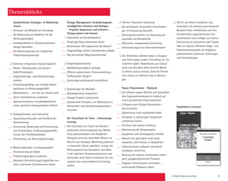 St. Galler Business School 37
Change Management: Veränderungsnot-
wendigkeiten erkennen und darlegen
– Projekte akquirieren und initiieren -
Change planen und steuern
1. Akquisition als Kernkompetenz
Ehrgeizige Akquisitionsziele setzen
Benchmarks: Wie akquirieren die Besten?
Folgeaufträge sichern, Dauerkunden ­pflegen
Das persönliche Akquisitionskonzept
2. Angebotspräsentation
Wandelnotwendigkeit darlegen
Offerten präsentieren, Firmenvorstellung –
Trefferquoten steigern
Schulungen professionell durchführen
3. Dramaturgie des Wandels
Wandelprozesse analysieren
Change Projekte initialisieren
Systemische Prinzipien, um Widerstand zu
überwinden und Veränderungsakzeptanz
erreichen
Der Consultant im Team – Umsetzungs-
training
1. Der Consultant als Coach und Berater –
praktisches Umsetzungstraining: Mittels
eines praxiserprobten und bewährten
Planspiels wird das vermittelte Wissen im
Bereich von Strategie, Marketing praktisch
in finanzielle Zahlen überführt, so dass die
Wirkungsweise von Konzepten und Ideen
in der täglichen Anwendung bewusst und
verstanden wird. Damit erarbeiten Sie sich
zugleich das unverzichtbare Controlling-
wissen.
Ganzheitliches Strategie-  Marketing-
wissen
1. Konzepte und Modelle als Grundlage
Die Bedeutung von Modellen für die
Beratungstätigkeit
Kundenprobleme in Gesamt­zusammen­
hängen darstellen
Der Beratungsansatz als integriertes
Problemlösungskonzept
2. Elemente erfolgreicher Consultingarbeit
Markt-, Wettbewerbs und Kunden­
bedürfnis­analysen
Segmentierungs- und Positionierungs­
ansätze
Entwicklungsfähige und rentable Markt­
positionen im Beratungsgeschäft
Marktpräsenz –  und wie sie erreicht wird
Aktive Vollreferenzen erarbeiten
Spontaninnovation: Kundenbedürfnisse
orten, spontane Lösungsansätze erfinden
3. Strategiekonzept und Consulting
Hauptstossrichtungen und Form(en) der
Dienstleistung
Gewinnung, Bewertung und Priorisierung
von Produktideen im Beratungsgeschäft;
Einsatz der Portfoliomethodik
Entwicklung von Beratungsleistungen
4. Marketingkonzept / Leistungsangebot
Positionierung am Markt
Profilierungsansätze erarbeiten
Abstrakte Dienstleistungen begreifbar ma-
chen, maximalen Kundennutzen bieten
2. Themen Finanzielle Steuerung
Die wichtigsten finanziellen Entscheidun-
gen im Consulting-Geschäft
Führungsinstrumente zur Steuerung von
Liquidität und Rentabilität
Effizientes, zeitsparendes Controlling
Voraussetzungen für Unternehmenswert
3. Die Teilnehmer arbeiten dabei in Gruppen
und treten gegen andere Teilnehmer an. Sie
trainieren dabei, Projektteams aus Consul-
tants und «Kunden» ohne formelle Macht
zu führen und zu steuern, Ziele der Partner
zum voraus zu erkennen und zu überzeu-
gen.
Power Präsentation – Rhetorik
1. Sie erfahren eigene Defizite und überprüfen
Ihre Eigenwahrnehmung im Hinblick auf
einen persönlichen Präsentationsstil:
5 Phasen einer Erfolgs-Präsentation –
die Lernstufen
Geheimnisse einer machtvollen Rede
Einwände in schwierigen Situationen
­zielführend lenken
Die Kunst des aktiven Zuhörens
Optimierung der Körpersprache
Equipment und wirkungsvolles Umfeld
Warum sich gute Ideen nicht allein
­verkaufen, Soft-Factors in Gesprächen
Selbstvertrauen aufbauen und Glaub­
würdigkeit vermitteln
Nutzung der eigenen emotionalen Intelli-
genz, gruppendynamische Prozesse
Prägnant Informationen vermitteln –
­mitreissende Plädoyers halten
2. Schritt um Schritt erarbeiten und
­entwickeln Sie anhand praxis­relevanter
Beispiele Ihren individuellen, auf Ihre
Persönlichkeit zugeschnittenen Prä-
sentationsstil und ­verfügen am ­letzten
Seminartag als Consultant oder Trainer
über ein ­eigenes «Personal Image- und
Präsentations­konzept» für Angebots­
präsentationen, Seminare, Schulungen
und Verhandlungen.
Themenblöcke
Empfohlene Literatur:
 