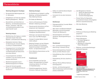 St. Galler Business School 41
Themenblöcke
Marketing-Management-Grundlagen
Das ganzheitliche Marketingsystem des
21. Jahrhunderts
Erfolgsfaktoren und Trends des modernen
Marketing Managements – B2B, B2C
Besonderheiten und Unterschiede von
Marketing- und Verkaufskonzeptionen im
Konsum-, Investitions-, High Tech-
und Handelsmarketing jeweils für das
­eigene Geschäft nutzen
Marketing-Analysen
Marktforschung: Den Zugang zu rentablen
potentiellen Kunden finden dank
Bedürfnis- und Kundennutzen-Monitoring
Marktgrössen bestimmen: Warum
die Bestimmung des relevanten Marktes
so wichtig ist; Kundenrentabilität
Ausgangspositionen für künftige Markt­
erfolge: Branchenwettbewerbsmuster
und Reaktionsprofile der Konkurrenten
zum voraus erkennen
Innovationspotentiale und Wachs-
tums­felder in der «new economy und old
­economy» identifizieren
Marktforschungsprojekte steuern –
­Marktforschungswissen für Praktiker
Analyse der Vermarktungsstärke: 
Wie gut ist unsere Marktbearbeitung aus
Kundensicht?
Marketing-Strategien
Die Überführung von Strategien in griffige
Marketing- und Verkaufsmanagement-
Pläne, Marketing-Planung
Die Toolbox des Marketings
Technik und Verwendung der Portfolio-
Methodik in Marketing und Verkauf
Fokussierung des Unternehmens auf Kern-
kompetenzen oder Endprodukte?
Marktgerechtere Organisationsformen dank
Strategischen Geschäftseinheiten?
Erfahrungen und empirische Gesetzmässig-
keiten nutzen: Das PIMS-Paradigma
Strategien für globale Märkte, Ausland-
märkte aufbauen
Marketing-Strategien auf dem Prüfstand:
Guerilla-Strategien für Einzelkämpfer,
­Kooperationsstrategien, Flankenangriffe,
Nischen- und Spezialistenkonzepte
Online-Marketing: Gewinnchancen auf der
Datenautobahn?
Produktkonzept
Von der Produktidee zum Cash Cow
­Produkt: Führungsverhalten für Produkt-
entwicklung, Optionen für die Phasen
im Produktlebenszyklus
Produktleistungsgestaltung: Variation,
­Elimination, Trading Up, Trading Down
Aufbau von Leadership Brands, Beispiele
für Markenführung
Instrumente für eine aktive Sortiments­
politik
Marktkonzept
Zielgruppenmarketing: So werden Märkte
richtig segmentiert
Wann lohnen sich Marktanteilskämpfe?
Marktaufbau und Eintrittsstrategien,
­Timing für den Marktaustritt
Servicemanagement und Customer
­Satisfaction: Beziehungsmarketing als
Werkzeug
Absatzkonzept
Preis- und Konditionenmanagement:
Value Pricing, e-Commerce-Pricing
Kommunikationsgestaltung: Corporate
Identity und Public Relations nutzen
Verkaufsförderung: Wann sind Aktionen
zulässig?
Direktmarketing: Die Kunst, beachtet zu
werden
Werbung: Planung effektiver Kommuni­
kationsprogramme
Vertriebs- und Verkaufsmanagement:
Wahl der Absatzwege, Kaufentscheidungs-
prozesse, Standortwahl
Lean Management im Vertrieb:
1.	 Gesetze des Akquisitionserfolgs
2.	 Das Spiel anders spielen
3.	 Sinnvolle Verkaufsapproaches
Personal Selling: Die Organisation
des persönlichen Verkaufs, Verkaufsgebiete
definieren, Aussendienststeuerung
After-Sales-Marketing
Umsetzung
Einführung und Steuerung von Marketing-
programmen
Marketing-Controlling
Product-Management: 
1.	 Der Product-Manager als
	 treibende Kraft
2.	 Werkzeuge für erfolgreiches
	Product-Management
Marketing- und Vertriebsaufwendungen
professionell begründen
ST.GALLER
BUSINESS BOOKS  TOOLS
GENERAL MANAGEMENT SERIES
ST.GALLER
BUSINESS BOOKS  TOOLS
GENERAL MANAGEMENT SERIES
EDITIONGENERALMANAGEMENTSERIES
9
ChristianAbegglenWettbewerbMarktbearbeitung·Band9
Christian Abegglen
Herausgeber
Publikationsreihe
Ganzheitliches Management
in der Praxis
Wettbewerb  Marktbearbeitung
Beiträge von Simone Bliem und Wolfgang Blender
Ausgewählte Diplomarbeiten der St.Galler Business School
Band 9/2012Band 9: Wettbewerb  Marktbearbeitung
Märkte als Orte des Zusammentreffens von Angebot und Nachfrage
sowie auch Wettbewerbsschauplätze sind mit die wesentlichsten Ele-
mente unseres Wirtschaftssystems. Band 9 beschäftigt sich daher mit
den Bereichen Wettbewerb und Marktbearbeitung.
Der erste Beitrag von Simone Bliem analysiert Wettbewerbs- und Markt-
bearbeitungsstrategien für den E-Participation Markt in Deutschland.
Mittlerweile ist E-Participation in Deutschland zunehmend Gegenstand
von Ausschreibungen der öffentlichen Verwaltung, sei es als ein Teil-
bereich von E-Government-Projekten im Sinne eines Qualitätsmerk-
mals oder als ausschließliches E-Participation-Projekt. Nach umfassen-
den Analyse wird eine Wettbewerbs- und Marktbearbeitungsstrategie
für den E-Participation Markt in Deutschland erarbeitet. Innovationen
in Produkte und Prozesse sind heute unerlässlich für Unternehmen, die
am Markt dauerhaft erfolgreich sein wollen.
Der zweite Beitrag von Wolfgang Blender beschäftigt sich mit der
Generierung und selektiven Argumentation von Alleinstellungsmerk-
malen. Hat man die Alleinstellungsmerkmale identifiziert, gilt es jeweils
ein Concept Board dazu zu erstellen, das die Problemstellung des Kun-
den beschreibt, die Innovation darstellt, den Kundenutzen umschreibt
und ihn belegt, um am Ende einen kurzen Slogan daraus zu formen, der
möglichst einprägsam ist.
Simone Bliem, Wolfgang Blender,
Hrsg. Christian Abegglen
Publikationsreihe Ganzheitliches Management in der
Praxis, Band 9 – Wettbewerb  Marktbearbeitung
St. Galler Business Books  Tools
CHF 29.–*
* zuzüglich Porto und Versandkosten
 