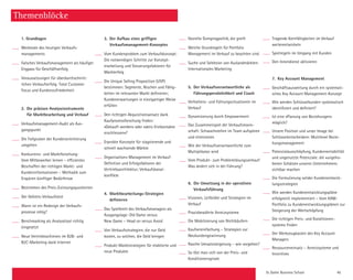 St. Galler Business School 45
Themenblöcke
1. Grundlagen
Merkmale des heutigen Verkaufs-
manage­ments
Falsches Verkaufsmanagement als häufiger
Engpass für Geschäftserfolg
Voraussetzungen für überdurchschnitt­
lichen Verkaufserfolg: Total Customer
Focus und Kundenzufriedenheit
2.	 Die präzisen Analyseinstrumente
	 für Marktbearbeitung und Verkauf
Verkaufsmanagement-Audit als Aus-­
gangspunkt
Die Fallgruben der Kundenorientierung
umgehen
Konkurrenz- und Marktforschung:
Vom Mitbewerber lernen – effizientes
­Beschaffen der richtigen Markt- und
Kunden­informationen – Methodik zum
­Erspüren künftiger Bedürfnisse
Bestimmen des Preis-/Leistungsquotienten
Der Gebiets-Verkaufstest
Wann ist ein Redesign der Verkaufs-­
prozesse nötig?
Benchmarking als Analysetool richtig
­eingesetzt
Neue Vertriebsschienen im B2B- und
B2C-Marketing dank Internet
3.	 Der Aufbau eines griffigen 		
	Verkaufsmanagement-Konzeptes
Vom Kundenproblem zum Verkaufskonzept:
Die notwendigen Schritte zur Konzept­
erarbeitung und Steuerungsfaktoren für
Markterfolg
Die Unique Selling Proposition (USP) ­
be­stimmen: Segmente, Nischen und Fähig-
keiten im re­levanten Markt definieren;
Kunden­erwar­tungen in einzigartiger Weise
erfüllen
Den richtigen Akquisitionsansatz dank
Kaufprozessforschung finden:
«Gekauft werden» oder «aktiv Erstkontakte
erschliessen»?
Erprobte Konzepte für stagnierende und
schnell wachsende Märkte
Organisations-Management im Verkauf:
Definition und Erfolgsfaktoren der
Ver­­triebsarchitektur; Verkaufskanal­
konflikte
4.	Marktbearbeitungs-Strategien
	definieren
Das Spielbrett des Verkaufsmanagers als
Ausgangslage: Old Game versus
New Game – Head on versus Avoid
Von Verkaufsstrategien, die nur Geld
­kosten, zu solchen, die Geld bringen
Produkt-Marktstrategien für etablierte und
neue Produkte
Gezielte Dumpingpolitik, die greift
Welche Grundregeln für Portfolio
Manage­ment im Verkauf zu beachten sind
Suche und Selektion von Auslandmärkten:
Internationales Marketing
5.	 Der Verkaufsverantwortliche als
	 Führungspersönlichkeit und Coach
Verhaltens- und Führungssituationen im
Verkauf
Dynamisierung durch Empowerment
Das Zusammenspiel der Verkaufsmann-
schaft: Schwachstellen im Team aufspüren
und eliminieren
Wie der Verkaufsverantwortliche zum
Multiplikator wird
Vom Produkt- zum Problemlösungsverkauf:
Was ändert sich in der Führung?
6.	 Die Umsetzung in der operativen 		
	Verkaufsführung
Visionen, Leitbilder und Strategien im
­Verkauf
Praxisbewährte Anreizsysteme
Die Mobilisierung von Nichtkäufern
Kaufvereinfachung – Strategien zur
­Neukundengewinnung
Rasche Umsatzsteigerung – wie vorgehen?
So löst man sich von der Preis- und
­Konditionenspirale
Tragende Kernfähigkeiten im Verkauf
weiterentwickeln
Spielregeln im Umgang mit Kunden
Den Innendienst aktivieren
7.	 Key Account Management
Geschäftsausweitung durch ein systemati-
sches Key Account Management-Konzept
Wie werden Schlüsselkunden systematisch
identifiziert und definiert?
Ist eine «Planung von Beziehungen»
möglich?
Unsere Position und unser Image bei
Schlüsselentscheidern: Multilevel Bezie-
hungsmanagement
Potenzialausschöpfung, Kundenrentabilität
und ungenutzte Potenziale: die «ungeho-
benen Schätze» unseres Unternehmens
sichtbar machen
Die Formulierung solider Kundenentwick-
lungsstrategien
Wie werden Kundenentwicklungspläne
erfolgreich implementiert – Vom KAM-
Portfolio zu Kundenentwicklungsplänen zur
Steigerung der Wertschöpfung
Die richtigen Preis- und Konditionen-
systeme finden
Der Werkzeugkasten des Key Account
Managers
Ressourceneinsatz – Anreizsysteme und
Incentives
 