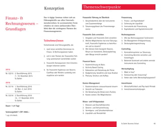 St. Galler Business School 49
Finanz- 
Rechnungswesen –
Grundlagen
Das 4-tägige Seminar richtet sich an
Führungskräfte aus allen Unterneh-
mensbereichen. In systematischer Form
erhalten sie einen umfassenden Über-
blick über die wichtigsten Themen des
Finanzmanagements.
Teilnehmer/innen
Teilnehmende sind Führungskräfte, die
1.	 noch keine vertieften Kenntnisse im
Finanz-  Rechnungswesen haben
2.	 sich in den Themen der finanziellen Füh-
rung systematisch weiterbilden wollen
3.	 finanzielle Konsequenzen ihrer Entschei-
dungen erkennen wollen
4.	 für finanzielle Ergebnisse wie Gewinn,
Cashflow oder Rendite zuständig sind
respektive sein werden
Finanzielle Führung im Überblick
1.	Gesamtüberblick über die Instrumente
und Zusammenhänge
2.	Steuerungsgrössen des Finanzmanage-
ments
Finanzielle Ziele erreichen
1.	Vorgaben und finanzielle Ziele verstehen
2.	Welche Möglichkeiten hat eine Führungs-
kraft, finanzielle Ergebnisse zu beeinflus-
sen und zu steuern?
3.	Wie können Ziele bezüglich Gewinn,
Return on Investment, Deckungsbeitrag
oder Marge erreicht werden?
Financial Basics
1.	Kostenrechnung als Basis
2.	Acitivity Based Costing
3.	 Kalkulation und Gestaltung der Preise
4.	 Budgetierung: bewährte und neue Ansätze
5.	 Planung: Struktur und Aufbau
Kosten-Management
1.	Kostenstrukturen vorausschauend steuern
2.	Vorsicht vor Fixkosten
3.	 Die Gestaltung des Break-even-Punktes
4.	 Kosten senken: Die Möglichkeiten
Bilanz- und Erfolgsanalyse
1.	Bilanzen und Geschäftsberichte
2.	Gewinn- und Verlustrechnung
3.	 Vermögens- und Schuldverhältnisse
4.	 Liquidität und Rentabilität
Finanzierung
1.	Finanz- und Kapitalbedarf
2.	Sicherung der Liquidität
3.	 Instrumente der Finanzierung
4.	 Kapitalkosten und Kapitalintensivität
Rechnungswesen
1.	Wie das Rechnungswesen funktioniert
2.	Die Management-Erfolgsrechnung
3.	Deckungsbeitragsrechnung
Controlling
1.	Kennzahlensysteme zur Steuerung
2.	Controlling-Berichte verstehen und
hinterfragen
3.	Balanced Scorecard und andere zentrale
Instrumente des Controlling
Wertschöpfung
1.	Make or buy?
2.	 Outsourcing oder Insourcing?
3.	 Hoher oder tiefer Wertschöpfungsanteil?
Investitionen
1.	Wirtschaftlichkeit und Pay-back-Periode
2.	Investitionsentscheidungen
Konzeption
2015
Nr. 53215 2. Durchführung 2015
7.–10. Dezember 2015
St.Gallen
2016
Nr. 53116 1. Durchführung 2016
30. Mai–2. Juni 2016
St.Gallen
Nr. 53216 2. Durchführung 2016
14.–17. November 2016
St.Gallen
Dauer: 1x4 Tage
Seminargebühr*: CHF 3900.–
* zzgl. 8% MwSt.
Themenschwerpunkte
 
