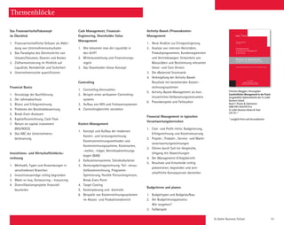 St. Galler Business School 51
Themenblöcke
Das Finanzwirtschaftskonzept
im Überblick
1.	 Finanzwirtschaftliche Grössen als Abbil-
	 dung von Unternehmensresultaten
2.	 Das Paradigma des Gleichschritts von
	 Umsatz/Volumen, Gewinn und Kosten
3.	 Zielharmonisierung im Hinblick auf
	 Liquidität, Rentabilität und Sicherheit
4.	 Unternehmensziele quantifizieren
Financial Basics
1.	 Grundzüge der Buchführung
2.	 Der Jahresabschluss
3.	 Bilanz und Erfolgsrechnung
4.	 Probleme der Beständebewertung
5.	Break-Even-Analysen
6.	 Kapitalflussrechnung, Cash Flow
7.	 Return on capital investment
	(ROI/ROCE)
8.	 Das ABC der Unternehmens-
	besteuerung
Investitions- und Wirtschaftlichkeits-
rechnung
1.	 Methodik, Typen und Anwendungen in
	 verschiedenen Branchen
2.	 Investitionsanträge richtig begründen
3.	 Make-or-buy, Outsourcing – Insourcing
4.	 Diversifikationsprojekte finanziell
	beurteilen
Cash Management, Financial-
Engineering, Shareholder Value
­Management
1.	 Wie bekommt man die Liquidität in
	 den Griff?
2.	 Mittelausstattung und Finanzierungs-
	regeln
3.	 Das Shareholder-Value-Konzept
Controlling
1.	Controlling-Kennzahlen
2.	 Beispiel eines wirksamen Controlling­-
	systems
3.	 Aufbau von MIS und Frühwarnsystemen
4.	 Controllingberichte verstehen
Kosten-Management
1.	 Konzept und Aufbau der modernen
	 Kosten- und Leistungsrechnung:
	 Kostenverrechnungsmethoden und
	 Kostenrechnungssysteme, Kostenarten,
	 -stellen, -träger, Betriebsabrechnungs­
	 bogen (BAB)
2.	 Kalkulationssysteme, Stückkalkulation
3.	 Deckungsbeitragsrechnung: Teil- versus
	 Vollkostenrechnung, Programm­-
	 Optimie­rung, flexible Preisuntergrenzen,
	Break-Even-Point
4.	 Target Costing
5.	 Kostenplanung und -kontrolle
6.	 Beispiele von Kostenrechnungssystemen
	 im Absatz- und Produktionsbereich
Activity-Based-/Prozesskosten-
Management
1.	 Neue Ansätze zur Ertragssteigerung
2.	 Analyse von internen Aktivitäten,
	 Produktprogrammen, Kundensegmenten
	 und Vertriebswegen: Entwickeln von
	 Massstäben und Bestimmung relevanter
	 Value- und Cost-Drivers
3.	 Die «Balanced Scorecard»
4.	 Verknüpfung der Activity-Based-
	 Resultate mit bestehenden Kosten-
	 rechnungs­systemen
5.	 Activity-Based-Management als kon-
	 tinuierliches Verbesserungsinstrument
6.	 Praxisbeispiele und Fallstudien
Financial Management in typischen
­Verantwortungsbereichen
1.	 Cost- und Profit-Units: Budgetierung,
	 Erfolgsrechnung und Kostensteuerung
2.	 Projekt-, Produkt-, Service- und Markt-
	verantwortungsrechnungen
3.	 Führen durch Soll-Ist-Vergleiche,
	 Umgang mit Abweichungen
4.	 Der Management-Erfolgsbericht
5.	Resultate und Entscheide richtig
­präsentieren, begründen und wirt-
schaftliche Konsequenzen darstellen
Budgetieren und planen
1.	 Budgettypen und Budgetaufbau
2.	 Der Budgetierungsprozess:
	 Wie vorgehen?
3.	Fallbeispiel
Christian Abegglen, Herausgeber
Ganzheitliches Management in der Praxis
Ausgewählte Diplomarbeiten der St. Galler
Business School
Band 7: Planen  Optimieren
ISBN 978-3-905379-33-4
St. Galler Business Books  Tools
CHF 29.–*
* zuzüglich Porto und Versandkosten
ST.GALLER
BUSINESS BOOKS  TOOLS
GENERAL MANAGEMENT SERIES
Christian Abegglen
Herausgeber
Publikationsreihe
Ganzheitliches Management
in der Praxis
Planen  Optimieren
Beiträge von Armin Hürlimann und Alexander Hust
Ausgewählte Diplomarbeiten der St.Galler Business School
Band 7/2012
 