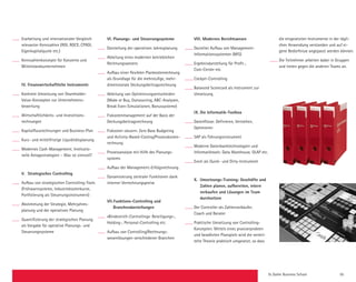 St. Galler Business School 55
Erarbeitung und internationaler Vergleich
relevanter Kennzahlen (ROI, ROCE, CFROI,
Eigenkapitalquote etc.)
Kennzahlenkonzepte für Konzerne und
Mittelstandsunternehmen
IV.	Finanzwirtschaftliche Instrumente
Konkrete Umsetzung von Shareholder-­
Value-Konzepten zur Unternehmens­
bewertung
Wirtschaftlichkeits- und Investitions­
rechnungen
Kapitalflussrechnungen und Business-Plan
Kurz- und mittelfristige Liquiditätsplanung
Modernes Cash-Management; Institutio-­
nelle Anlagestrategien – Was ist sinnvoll?
V.	 Strategisches Controlling
Aufbau von strategischen Controlling-Tools
(Frühwarnsysteme, Industrie­kosten­kurve,
Portfolierung als Steuerungs­instrument)
Abstimmung der Strategie, Mehrjahres­
planung und der operativen Planung
Quantifizierung der strategischen Planung
als Vorgabe für operative Planungs- und
Steuerungssysteme
VI.	Planungs- und Steuerungssysteme
Darstellung der operativen Jahresplanung
Ableitung eines modernen betrieblichen
Rechnungswesens
Aufbau einer flexiblen Plankostenrechnung
als Grundlage für die mehrstufige, mehr­
dimensionale Deckungsbeitragsrechnung
Ableitung von Optimierungsentscheiden
(Make or Buy, Outsourcing, ABC-Analysen,
Break Even-Simulationen, Bonussysteme)
Fixkostenmanagement auf der Basis der
Deckungsbeitragsrechnung
Fixkosten steuern: Zero Base Budgeting
und Activity-Based-Costing/Prozess­kosten­
rechnung
Prozessanalyse mit Hilfe des Planungs­
systems
Aufbau der Management-Erfolgsrechnung
Dynamisierung zentraler Funktionen dank
interner Verrechnungspreise
VII.	Funktions-Controlling und
	Branchendarstellungen
«Bindestrich-Controlling»: Beteiligungs-,
Holding-, Personal-Controlling etc.
Aufbau von Controlling/Rechnungs­
wesenlösungen verschiedener Branchen
die eingesetzten Instrumente in der tägli-
chen Anwendung verstanden und auf ei-
gene Bedürfnisse angepasst werden können.
Die Teilnehmer arbeiten dabei in Gruppen
und treten gegen die anderen Teams an.
VIII. Modernes Berichtswesen
Gezielter Aufbau von Management­
Informations­systemen (MIS)
Ergebnisdarstellung für Profit-,
Cost-Center etc.
Cockpit-Controlling
Balanced Scorecard als Instrument zur
­Umsetzung
IX.	Die Informatik-Toolbox
Datenflüsse: Definieren, Verstehen,
Optimieren
SAP als Führungsinstrument
Moderne Datenbanktechnologien und
­Informatiktools: Data Warehouse, OLAP etc.
Excel als Quick- und Dirty-Instrument
X.	Umsetzungs-Training: Geschäfte und
Zahlen planen, aufbereiten, intern
verkaufen und Lösungen im Team
durchsetzen
Der Controller als Zahlenverkäufer,
Coach und Berater
Praktische Umsetzung von Controlling-
Konzepten: Mittels eines praxiserprobten
und bewährten Planspiels wird die vermit-
telte Theorie praktisch umgesetzt, so dass
 