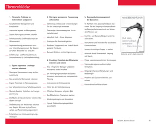 St. Galler Business School 61
Themenblöcke
1.	 Chronische Probleme im
	 Unternehmen analysieren
Ganzheitliches Management und
­Komplexität
Irrationale Aspekte im Management
Stabile Führungssituationen schaffen
Informationsflut und Produktivität der
Wissensarbeit
Implementierung permanenter Lern-
und Entwicklungsprozesse: Die Balance
zwischen Bewahren und Erneuern
Entlöhnungs- und Anreizsysteme als
Steuer­elemente für Unternehmenserfolg
2.	 Eigene ungenutzte Leistungs-
	 reserven erkennen
Die eigene Karriereausrichtung als Vor-
aussetzung
Das persönliche Wertsystem erkennen
Eigene Potentiale im Führungsprozess
Aus Selbsterkenntnis zu Selbstbewusstsein
Mentale Aspekte: Techniken zur Energie-
gewinnung
Die Macht der Gewohnheiten brechen: Blo-
ckaden im Kopf
Die Bedeutung von Kreativität, Intuition
und Gespür: Wie man sich auf Inno-
vation und Pioniertaten programmiert
Entwicklung von Leistungs­steigerungs­­
strategien
3.	 Die eigene permanente Fokussierung
	sicherstellen
Zielfindung: Unbewusste Entscheidungen
für das Unwichtige vermeiden
Zieltransfer: Massnahmenpläne für die
tägliche Arbeit
«Beruflich Profi – Privat Amateur»
Strategien für Routinetätigkeiten
Ausdauer, Engagement und Tatkraft durch
geplante Freiräume
Burnout-Gefahren rechtzeitig erkennen
4.	 Coaching: Potentiale der Mitarbeiter
	 erkennen und nutzen
Was erfolgreiche Manager und deren
­Mitarbeiter anders machen
Die Führungseigenschaften der Leader:
­Visionäre, emotionale und instrumentelle
Führung
Instrumente der Einflussnahme
Fehler bei der Stellenbesetzung
Effektives Delegieren erfordert Mut
Aus Mitarbeitern Champions machen
Mindestspielregeln und Grundsätze
Fremde Problemlösungskapazitäten
­ausschöpfen
	
5.	Kommunikationsmanagement
	 der Executives
Im Rahmen eines praxisnahen Cases trai-
nieren Sie den Umgang mit anspruchsvol-
len Kommunikationspartnern und behan-
deln Themen wie:
Konflikt- und Konsensfähigkeit unter Be-
weis stellen
Instrumente und Techniken für souveränes
Kommunizieren
Lernen, die richtigen Fragen zu stellen
Autorität durch Gelassenheit, Umgang
mit Macht
Pflege zwischenmenschlicher Beziehungen
Training des eigenen authentischen
­Verhaltens
Umgang mit grossen Belastungen und
­Niederlagen
Probleme als Chancen erkennen und
­nutzen
Konstruktive Konflikte schüren
«Gut sein, wenn‘s drauf ankommt»
 