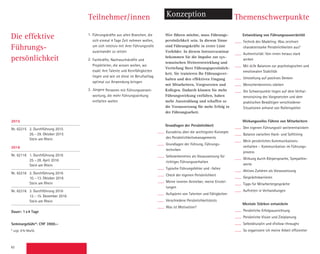 62
Teilnehmer/innen Konzeption
1.	 Führungskräfte aus allen Branchen, die
sich einmal 4 Tage Zeit nehmen wollen,
um sich intensiv mit ihrer Führungsrolle
auseinander zu setzen
2.	 Fachkräfte, Nachwuchskräfte und
Projektleiter, die wissen wollen, wo
exakt ihre ­Talente und Kernfähigkeiten
liegen und wie sie diese im Berufsalltag
optimal zur Anwendung bringen
3.	Jüngere Personen mit Führungsverant-
wortung, die mehr Führungswirkung
entfalten wollen
Wer führen möchte, muss Führungs-
persönlichkeit sein. In diesem Sinne
sind Führungskräfte in erster Linie
Vorbilder. In diesem ­Intensivseminar
bekommen Sie die Impulse zur sys-
tematischen Weiterentwicklung und
Vertiefung Ihrer Führungspersönlich-
keit. Sie trainieren Ihr Führungsver-
halten und den ­effektiven Umgang
mit Mitarbeitern, Vorgesetzten und
Kollegen. Dadurch können Sie mehr
Führungswirkung entfalten, haben
mehr Ausstrahlung und schaffen so
die Voraussetzung für mehr Erfolg in
der Führungsarbeit.
Grundlagen der Persönlichkeit
Kurzabriss über die wichtigsten Konzepte
des Persönlichkeitsmanagements
Grundlagen der Führung, Führungs­
techniken
Selbsterkenntnis als Voraussetzung für
richtiges Führungsverhalten
Typische Führungsfehler und -fallen
Check der eigenen Persönlichkeit
Meine inneren Antreiber, meine Einstel-
lungen
Aufspüren von Talenten und Fähigkeiten
Verschiedene Persönlichkeitstests
Was ist Motivation?
Entwicklung von Führungssouveränität
Technik des Modeling: Was zeichnet
­charakterstarke Persönlichkeiten aus?
Authentizität: Von innen heraus stark
wirken
Mit «Life Balance» zur psychologischen und
emotionalen Stabilität
Umstellung auf positives Denken
Menschenkenntnis stärken
Die Schwerpunkte liegen auf dem Verhal-
tenstraining des Vorgesetzten und dem
praktischen Bewältigen verschiedener
­Situationen anhand von Rollenspielen
Wirkungsvolles Führen von Mitarbeitern
Den eigenen Führungsstil weiter­entwickeln
Balance zwischen Hard- und Soft­lining
Mein persönliches Kommunikations­
verhalten – Kommunikation im Führungs-
prozess
Wirkung durch Körpersprache, Sympathie-
werte
Aktives Zuhören als Voraussetzung
Gesprächsbarrieren
Tipps für Mitarbeitergespräche
Auftreten in Verhandlungen
Mentale Stärken entwickeln
Persönliche Erfolgsausrichtung
Persönliche Vision und Zielplanung
Selbstdisziplin und «Follow-through»
So organisiere ich meine Arbeit effizienter
Die effektive
Führungs­
persönlichkeit
Themenschwerpunkte
2015
Nr. 62215 2. Durchführung 2015
26.–29. Oktober 2015
Stein am Rhein
2016
Nr. 62116 1. Durchführung 2016
25.–28. April 2016
Stein am Rhein
Nr. 62216 2. Durchführung 2016
10.–13. Oktober 2016
Stein am Rhein
Nr. 62316 3. Durchführung 2016
12.–15. Dezember 2016
Stein am Rhein
Dauer: 1x4 Tage
Seminargebühr*: CHF 3900.–
* zzgl. 8% MwSt.
 