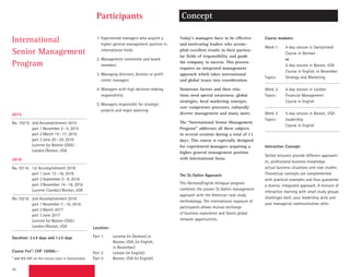 70
International
Senior Management
Program
Today’s managers have to be effective
and motivating leaders who accom-
plish excellent results in their particu-
lar fields of responsibility and guide
the company to success. This process
requires an integrated management
approach which takes international
and global issues into consideration.
Numerous factors and their rela-
tions need special awareness: global
strategies, local marketing concepts,
core competence processes, culturally
diverse management and many more.
The “International Senior Management
Program” addresses all these subjects
in several sessions during a total of 13
days. This course is especially designed
for experienced managers acquiring a
higher general management position
with international focus.
The St. Gallen Approach
This German/English bilingual program
combines the proven St. Gallen management
approach with the American case study
methodology. The international exposure of
participants allows mutual exchange
of business experience and favors global
network opportunities.
1. Experienced managers who acquire a
higher general management position in
international fields
2. Management committee and board
­members
3. Managing directors, division or profit
­center managers
4. Managers with high decision-making
­responsibility
5. Managers responsible for strategic
­projects and major planning
Course modules:
Week 1:	 4-day session in Switzerland
	 Course in German
	or
	 5-day session in Boston, USA
	 Course in English, in November
Topics:	 Strategy and Marketing
Week 2:	 4-day session in London
Topics:	 Financial Management
	 Course in English
Week 3:	 5-day session in Boston, USA
Topics:	Leadership
	 Course in English
Interactive Concept:
Skilled lecturers provide different approach-
es; professional business know­ledge,
actual business situations and case studies.
Theoretical concepts are complemented
with practical examples and thus guarantee
a diverse, integrated approach. A mixture of
interactive learning with small study groups
challenges both, your leadership skills and
your managerial communication skills.
Participants Concept
2015
No. 10215 2nd Accomplishment 2015
part 1 November 2–5, 2015
part 2 March 14–17, 2016
part 3 June 20–24, 2016
Lucerne (or Boston USA)/
London/Boston, USA
2016
No.10116 1st Accomplishment 2016
part 1 June 13–16, 2016
part 2 September 5–8, 2016
part 3 November 14–18, 2016
Lucerne /London/Boston, USA
No.10216 2nd Accomplishment 2016
part 1 November 7–10, 2016
part 2 March 2017
part 3 June 2017
Lucerne (or Boston USA)/
London/Boston, USA
Duration: 2x4 days and 1x5 days
Course Fee*: CHF 16900.–
* add 8% VAT on the course costs in Switzerland
Location:
Part 1: Lucerne (in German) or
Boston, USA, (in English,
in November)
Part 2: London (in English)
Part 3: Boston, USA (in English)
n
 