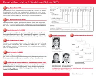 St. Galler Business School 85
Spezialistenstudium zum Dipl. Marke­ting­­leiter/in SGBS, welches dank einer Kombi­
nation der Vorteile von Seminar­besuchen, Kolloquien und Fernstudien­modulen inner-
halb von 6–12 Monaten abgeschlossen und berufsbegleitend ­absolviert werden kann.
Übersicht Generalisten-  Spezialisten­-Diplome SGBS
6–12-monatige berufsbegleitende Spezialistenausbildung zu den zentralen Themen
des Verkaufs­mana­ge­ments, welche nach Seminar­besuchen, Kollo­quien, Fernstudium
und Diplomarbeit mit dem Diplom «Dipl. Verkaufsleiter/in SGBS» abgeschlossen wird.
Leadership-Qualifikationsausbildung und -training mit dem Ziel, die persönliche
Führungskompetenz zu steigern. Als ­sichtbarer Beweis für das berufsbegleitende
6–12-monatige Engagement wird die Ausbildung mit dem Diplom «Leadership-
Diplom SGBS» abgeschlossen.
Der Controller-Diplomlehrgang bietet
eine solide, praxisorientierte Aus­bildung für angehende Spezialisten im Finanz- und
Rechnungswesen unter der Leitung von namhaften St. Galler Finanzdozenten.
Intensivlehrgang zu den zentralen Themen­schwerpunkten des Consultings mit dem Ziel,
berufsbegleitend das Diplom «Dipl. Consultant SGBS» zu ­erlangen. Sie erleben sich in
der Rolle des Consultants, trainieren schwierige Akquisitionsgespräche, diskutieren her-
ausfordernde Problemstellungen und optimieren Ihre Präsentationskompetenz.
Spezialisten-Intensivlehrgang zu den ­zentralen Themen des Finanz- und Rechnungs­
wesens, welcher zum Ab­schluss «Dipl. Finanzleiter/in SGBS» führt. Die 6–12-mona-
tige Ausbildung kombiniert ein Finanz­seminar, vier Fernstudienmodule, zwei Kollo-
quien und eine Diplom­arbeit.
Detailbroschüren im
Sekretariat verlangen.
ST. GALLER BUSINESS SCHOOL
Studienreglement
Dipl. Betriebswirtschafter/in SGBS
St.Galler Business School
Master Diplome St.Gallen Rosenbergstrasse 36 CH-9000 St.Gallen
Tel. 0041-(0)71 225 40 80 Fax 0041-(0)71 225 40 89
E-Mail: Diplome@sgbs.com Internet: www.sgbs.com
ST. GALLER BUSINESS SCHOOL
Studienreglement
Dipl. Betriebswirtschafter/in SGBS
St.Galler Business School
Master Diplome St.Gallen Rosenbergstrasse 36 CH-9000 St.Gallen
Tel. 0041-(0)71 225 40 80 Fax 0041-(0)71 225 40 89
E-Mail: Diplome@sgbs.com Internet: www.sgbs.com
ST. GALLER BUSINESS SCHOOL
Studienreglement
General Management-Diplom SGBS
St.Galler Business School
Master Diplome St.Gallen Rosenbergstrasse 36 CH-9000 St.Gallen
Tel. 0041-(0)71 225 40 80 Fax 0041-(0)71 225 40 89
E-Mail: Diplome@sgbs.com Internet: www.sgbs.com
ST. GALLER BUSINESS SCHOOL
Studienreglement
Dipl. Betriebswirtschafter/in SGBS
St.Galler Business School
Master Diplome St.Gallen Rosenbergstrasse 36 CH-9000 St.Gallen
Tel. 0041-(0)71 225 40 80 Fax 0041-(0)71 225 40 89
E-Mail: Diplome@sgbs.com Internet: www.sgbs.com
ST. GALLER BUSINESS SCHOOL
Studienreglement
Dipl. Marketingleiter/in SGBS
St.Galler Business School
Master Diplome St.Gallen Rosenbergstrasse 36 CH-9000 St.Gallen
Tel. 0041-(0)71 225 40 80 Fax 0041-(0)71 225 40 89
E-Mail: Diplome@sgbs.com Internet: www.sgbs.com
ST. GALLER BUSINESS SCHOOL
Studienreglement
Dipl. Betriebswirtschafter/in SGBS
St.Galler Business School
Master Diplome St.Gallen Rosenbergstrasse 36 CH-9000 St.Gallen
Tel. 0041-(0)71 225 40 80 Fax 0041-(0)71 225 40 89
E-Mail: Diplome@sgbs.com Internet: www.sgbs.com
ST. GALLER BUSINESS SCHOOL
Studienreglement
Dipl. Finanzleiter/in SGBS
St.Galler Business School
Master Diplome St.Gallen Rosenbergstrasse 36 CH-9000 St.Gallen
Tel. 0041-(0)71 225 40 80 Fax 0041-(0)71 225 40 89
E-Mail: Diplome@sgbs.com Internet: www.sgbs.com
ST. GALLER BUSINESS SCHOOL
Studienreglement
Dipl. Betriebswirtschafter/in SGBS
St.Galler Business School
Master Diplome St.Gallen Rosenbergstrasse 36 CH-9000 St.Gallen
Tel. 0041-(0)71 225 40 80 Fax 0041-(0)71 225 40 89
E-Mail: Diplome@sgbs.com Internet: www.sgbs.com
Verlangen Sie in unserem Sekretariat die Detailprogramme und Studienreglemente
zu den jeweiligen Diplomausbildungen.
Christian Muntwiler
lic.oec. HSG, Studienleiter
christian.muntwiler@sgbs.ch
Dipl. Marketingleiter/in SGBS
Leadership-  Human Resources Management-Diplom SGBS
Dipl. Verkaufsleiter/in SGBS
Dipl. Finanzleiter/in SGBS
Dipl. Consultant SGBS
Dipl. Controller/in SGBS
Studienreglemente (Auswahl)Ihre Ansprechpartner
Diplomarbeit
Kolloquiumstage
Diplomprüfung 20. August 2016
Diplomverleihung im Rahmen unserer Management-  Alumni-Tagung in St.Gallen, 23.-24. September 2016
Marketingleiter/in- Mt 1 Mt 2 Mt 3 Mt 4 Mt 5 Mt 6 Mt 7 Mt 8 Mt 9 Mt 10 Mt 11 Mt 12 Mt 13
Diplom SGBS Juli Aug. Sept. Okt. Nov. Dez. Jan.Feb. März April Mai Juni
17 17 17 17 17 17 18
Jan.
17 17 17 17 17 17
Seminare
St.Galler
Marketing Programm
Monatsmodule / Fernstudium
1 Grundlagen des Marketings
2 Marketing-Analysen  -Strategien
3 Marketing-Mix
4 Verkaufsmanagement
Diplomarbeit
Kolloquiumstage
Diplomprüfung 17. Februar 2018
Diplomverleihung im Rahmen unserer Management-  Alumni-Tagung in St.Gallen, 21.-22. September 2018
Diplomausbildung Dipl. Marketingleiter/in SGBS® Beispiel: Beginn 2. Januar 2017
Marco Camozzi
MBA, Studienberatung
marco.camozzi@sgbs.ch
Lars Scheibling
M.A. HSG, Studienberatung
lars.scheibling@sgbs.ch
 