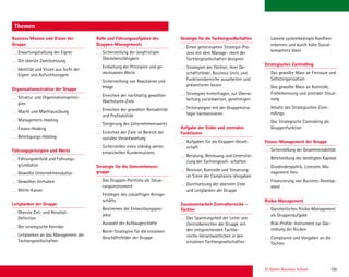 St. Gallen Business School 15b
Themen
Business Mission und Vision der
Gruppe
Erwartungshaltung der Eigner
Die oberste Zwecksetzung
Identität und Vision aus Sicht der
Eigner und Aufsichtsorgane
Organisationsstruktur der Gruppe
Struktur und Organisationsprinzi-
pien
Macht und Machtausübung
Management-Holding
Finanz-Holding
Beteiligungs-Holding
Führungsprinzipien und Werte
Führungsleitbild und Führungs-
grundsätze
Gewollte Unternehmenskultur
Gewolltes Verhalten
Werte-Kanon
Leitplanken der Gruppe
Oberste Ziel- und Resultat-
Deﬁnition
Der strategische Korridor
Leitplanken an das Management der
Tochtergesellschaften
Rolle und Führungsaufgaben des
Gruppen-Managements
Sicherstellung der langfristigen
Überlebensfähigkeit
Einhaltung der Prinzipien und ge-
meinsamen Werte
Sicherstellung von Reputation und
Image
Erreichen der nachhaltig gewollten
Wachstums-Ziele
Erreichen der gewollten Rentabilität
und Proﬁtabilität
Steigerung des Unternehmenswerts
Erreichen der Ziele im Bereich der
sozialen Verantwortung
Sicherstellen eines ständig weiter
entwickelten Kundennutzens
Strategie für die Unternehmens-
gruppe
Das Gruppen-Portfolio als Steue-
rungsinstrument
Festlegen des zukünftigen Kernge-
schäfts
Bestimmen der Entwicklungspro-
jekte
Auswahl der Aufbaugeschäfte
Norm-Strategien für die einzelnen
Geschäftsfelder der Gruppe
Strategie für die Tochtergesellschaften
Einen gemeinsamen Strategie-Pro-
zess mit dem Manage- ment der
Tochtergesellschaften designen
Strategien der Töchter, ihrer Ge-
schäftsfelder, Business Units und
Funktionsbereiche ausarbeiten und
präsentieren lassen
Strategien hinterfragen, zur Überar-
beitung zurückweisen, genehmigen
Teilstrategien mit der Gruppenstra-
tegie harmonisieren
Aufgabe der Stäbe und zentralen
Funktionen
Aufgaben für die Gruppen-Gesell-
schaft
Beratung, Betreuung und Unterstüt-
zung der Tochtergesell- schaften
Revision, Kontrolle und Steuerung
im Sinne der Compliance-Vorgaben
Durchsetzung der obersten Ziele
und Leitplanken der Gruppe
Zusammenarbeit Zentralbereiche –
Töchter
Das Spannungsfeld der Leiter von
Zentralbereichen der Gruppe mit
den entsprechenden Fachbe-
reichs-Verantwortlichen in den
einzelnen Tochtergesellschaften
Latente systembedingte Konﬂikte
erkennen und durch hohe Sozial-
kompetenz lösen
Strategisches Controlling
Das gewollte Mass an Freiraum und
Selbstorganisation
Das gewollte Mass an Kontrolle,
Früherkennung und zentraler Steue-
rung
Inhalte des Strategischen Cont-
rollings
Das Strategische Controlling als
Gruppenfunktion
Finanz-Management der Gruppe
Sicherstellung der Gesamtrentabilität
Bereitstellung des benötigten Kapitals
Dividendenpolitik, Lizenzen, Ma-
nagement fees
Finanzierung von Business Develop-
ment
Risiko-Management
Ganzheitliches Risiko-Management
als Gruppenaufgabe
Risk-Proﬁle: Instrument zur Dar-
stellung der Risiken
Compliance und Vorgaben an die
Töchter
 