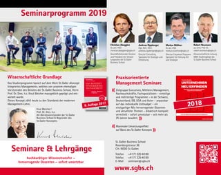 Praxisorientierte
Management Seminare
Zielgruppe Executives, Mittleres Management,
Nachwuchskräfte, Fachspezialisten – einteilige
und mehrteilige Programme – in der Schweiz,
Deutschland, GB, USA und Asien – anpassbar
auf das individuelle Zeitbudget – ein
einzigartiger Mix hervorragender Dozenten
und aktuellster Themen – didaktisch kompakt
vermittelt – sofort umsetzbar – seit mehr als
25 Jahren bewährt.
«
«
»
Christian Abegglen
UNTERNEHMEN
NEU ERFINDEN
Das Denk- und Arbeitsbuch gegen
organisierten Stillstand
Das St. Galler Konzept praktisch umgesetzt
WG178429,—Euro
ISBN 978-3-96251-005-3
www.fazbuch.de
UnternehmenneuerfindenChristianAbegglen
Weiter so wie b
Oder gar »Masc
Reinvent or opt
Wenn Reinvent:
Drei Entscheidun
• Business as us
Weiter wie bis
• Optimize:
Ausloten von O
bestehenden r
• Reinvent (Cha
Arbeiten an ei
nehmens – Un
Komplexität, Vernetzung, Beschleunigung, Industrie 4.0 … Reinvent or optimize the company?
Das St. Galler Konzept liefert die hierfür passenden Denk- und Lösungsansätze: Denn in einer komplexen
Gemengelage hilft nur ein ganzheitliches Management-Konzept. Dieses Arbeitsbuch hilft, sich den neuen
Herausforderungen zu stellen und das Wesentliche auf den Punkt zu bringen.
In einem Leseraum befindet sich der Grundlagen-Extrakt Integriertes Management, getreu der
»St. Galler Schule«, bodenständig nach Knut Bleichers »St. Galler Management-Konzept«, hier erstmals
zur praktischen Anwendung um die Perspektiven ZEIT, MENSCH und RAUM bereichert.
Mit dem von Christian Abegglen erweiterten St. Galler Denk- und Wissensnavigator gelingt es, im Arbeitsraum
erst die Lage des Unternehmens zu bestimmen, dann iterativ Ziele für eine vielleicht neue Welt zu finden, um
schließlich dorthin rollierend manövrieren zu können.
Mit Hilfe eines Bauplans gestaltet der Leser unter Anleitung des Autors sein eigenes St. Galler
Management HAUS – eine einzigartige Methode zur Unternehmensentwicklung auf normativer,
strategischer und operativer Ebene und ein probates Mittel gegen organisierten Stillstand.
Ausklappbare »Spickzettel« helfen, stets Navigator wie Bauplan im Blick zu haben.
Schautafeln, Roadmaps und wertvolles Wissen erhält der Leser im eigens dafür eingerichteten Portal.
www.stgaller-management.ch/workbooklet
Ein Novum in der Welt der Konzeptbücher und Buchkonzepte –
auf Unternehmen jeder Größe und jeder Branche anwendbar!
H UA S
»Rund 200 Seiten sollen Ihnen helfen,
den theoretischen Rahmen des
St. Galler Management-Konzepts
auf die praktische Ebene zu bringen.
Es gilt, Neues zu entdecken
und Vergessenes in Erinnerung
zu bringen. Viel Erfolg!«
Herzlichst
Ihr Christian Abegglen
Autor: Christian Abegglen
Aufgewachsen im Berner Oberland.
Studium der Wirtschaftswissenschaften
an der Universität St. Gallen (HSG).
Dissertation zum Thema Informations-
Management-Controlling an der Univer-
sität St. Gallen. Mitbegründer der
St. Galler Business School (SGBS), seit
1994 Verwaltungsrat und Geschäfts-
führer der SGBS. Aufbau von spezifischen praxisnahen
MBA-Programmen zusammen mit den Universitäten Krakau/
Polen und Klagenfurt/Österreich. Dozent für Unternehmens-
führung an verschiedenen Institutionen, Lehrbeauftragter
an der Universität St. Gallen. Mitglied im Harvard Club of
Boston, Verfasser zahlreicher Beiträge im Bereich Integriertes
Management, Strategie und Unternehmungsentwicklung. 2013
Übernahme der Schriftleitung und Gesamtverantwortung des
Werkes »Das Konzept Integriertes Management« von Knut
Bleicher. Die persönliche Referenzliste von Christian Abegglen
umfasst mehr als 150 bekannte Großunternehmen und erfolg-
reiche Nischenplayer.
Christian Abegglen
Dr. oec. HSG
christian.abegglen@sgbs.ch
Geschäftsführender Direk-
tor der St.Galler Business
School und Gesamtstudi-
enleitung
Christian Abegglen
Dr. oec. HSG
christian.abegglen@sgbs.ch
Geschäftsführender Direktor
der St.Galler Business School
und Gesamtstudienleitung
Markus Müllner
Dr.oec.HSG
markus.muellner@sgbs.ch
Director Corporate Programs
Spezialist für Führung 4.0
und Strategie
Markus Müllner
Dr.oec.HSG
markus.muellner@sgbs.ch
Director Corporate Programs
Spezialist für Führung 4.0
und Strategie
Knut Bleicher †
Prof. (emer.) Dr. Dres. h.c.
Ehemaliger Vorsitzender
des Beirates der St.Galler
Business School und
Begründer des St.Galler
Konzeptes
Christian Abegglen
Dr. oec. HSG
christian.abegglen@sgbs.ch
Geschäftsführender Direk-
tor der St.Galler Business
School und Gesamtstudi-
enleitung
Christian Abegglen
Dr. oec. HSG
christian.abegglen@sgbs.ch
Geschäftsführender Direktor
der St.Galler Business School
und Gesamtstudienleitung
Andreas Rippberger
Dipl. Betr.-Wirt.
andreas.rippberger@sgbs.ch
Director Consulting
Spezialist für Strategie und
Umsetzung
Markus Müllner
Dr.oec.HSG
markus.muellner@sgbs.ch
Director Corporate Programs
Spezialist für Führung 4.0
und Strategie
Andreas Rippberger
Dipl. Betr.-Wirt.
andreas.rippberger@sgbs.ch
Director Consulting
Spezialist für Strategie und
Umsetzung
Markus Müllner
Dr.oec.HSG
markus.muellner@sgbs.ch
Director Corporate Programs
Spezialist für Führung 4.0
und Strategie
Peter Zehnder
lic.rer.pol
peter.zehnder@sgbs.ch
Director Consulting
Spezialist für Strategie
Peter Zehnder
lic.rer.pol
peter.zehnder@sgbs.ch
Director Consulting
Spezialist für Strategie
Knut Bleicher †
Prof. (emer.) Dr. Dres. h.c.
Ehemaliger Vorsitzender
des Beirates der St.Galler
Business School und
Begründer des St.Galler
Konzeptes
Knut Bleicher †
Prof. (emer.) Dr. Dres. h.c.
Ehemaliger Vorsitzender
des Beirates der St.Galler
Business School und
Begründer des St.Galler
Konzeptes
Robert Neumann
ao. Univ. Prof. Dr.
robert.neumann@sgbs.ch
Wissenschaftliche Leitung
MBA-Studiengänge der
St.Galler Business School
Christian Abegglen
C
Dr
ch
Ge
de
un
R
ao
ro
W
M
St
K
Pr
Eh
de
Bu
Be
Ko
St.Gallen Business School
Rosenbergstrasse 36
CH-9000 St.Gallen
Telefon	+4171 225 40 80
Telefax	+4171 225 40 89
E-Mail	seminare@sgbs.ch
www.sgbs.ch
Seminarprogramm 2019
Seminare & Lehrgänge
hochkarätiger Wissenstransfer –
hervorragende Dozenten – sofort umsetzbar
Knut Bleicher †
Prof. Dr. Dres. h.c.
Alt-Beiratsvorsitzender der St. Galler
Business School & Begründer des
St. Galler Konzeptes
Das Studienprogramm basiert auf dem Werk St. Galler «Konzept
Integriertes Management», welches von unserem ehemaligen
Vorsitzenden des Beirates der St. Galler Business School, Herrn
Prof. Dr. Dres. h.c. Knut Bleicher massgeblich geprägt und ent-
wickelt wurde.
Dieses Konzept zählt heute zu den Standards der modernen
Management-Lehre.
Wissenschaftliche Grundlage
MANAGEMENT
Bleicher,Abegglen
DASKONZEPT
INTEGRIERTESMANAGEMENT
DAS KONZEPT
INTEGRIERTES
MANAGEMENT
Knut Bleicher
mit Christian Abegglen
Visionen – Missionen –
Programme
St. Galler
Management-
Konzept
9., aktualisierte und erweiterte
Auflage des Standardwerks
Der ganzheitliche Ansatz des St. Galler Management-Konzepts hat das
Denken und Handeln unzähliger Manager nachhaltig beeinflusst. In
diesem Standardwerk der Management-Lehre von Knut Bleicher fin-
den Führungskräfte den Gestaltungsrahmen für die Zukunftssicherung
ihrer Unternehmung. Das Buch transformiert komplexes Wissen in
hohen Lesernutzen.
Diese von Christian Abegglen komplett überarbeitete Auflage führt
den Leser zusätzlich mit dem neuen St. Galler Wissensnavigator beim
Nachschlagen, Querlesen und Umsetzen von der Theorie hin zur
Praxis der integrierten Unternehmungsentwicklung.
Jetzt mit St. Galler Startpaket!
Mit Zusatzmaterialien zum Download: Exklusiv für Leser dieses Buches
stehen Arbeitspapiere, Schautafeln, Roadmaps und Anleitungen digital
bereit.
»Der Orientierungsrahmen für ganzheitliches Management!
Ein langlebiger, großartiger Wurf!«
Prof. Dr. Dr. h.c. mult. Peter Horváth, Universität Stuttgart
»Eine der grundlegenden Schriften der modernen Management-Lehre.
Ein zeitloser Ratgeber für die Praxis und Grundlage zur Entwicklung
unternehmensindividueller und dauerhafter Strategien.«
Dr. U. M. Schneider, CEO, Nestlé S.A.
»Ein Management-Leitfaden der besonderen Art – praxistaugliche
Modelle werden prägnant aufgezeigt. Eine wichtige Lektüre und ein
Nachschlagewerk für Theorie und Praxis gleichermaßen.«
Dr. Manfred Wittenstein, Aufsichtsratvorsitzender der WITTENSTEIN SE
»Integriertes Management – ein griffiges Konzept, das alltags-
taugliche und praxisorientierte Denkanstöße liefert, wie Visionen
und Strategien erfolgreich umgesetzt werden können.«
Bettina Würth, Vorsitzende des Beirats der Würth-Gruppe
ISBN 978-3-593-50599-2
€64,00[ D ]
9. Auflage 2017
2018
Knut Bleicher †
Robert Neumann
ao. Univ. Prof. Dr.
robert.neumann@sgbs.ch
Wissenschaftliche Leitung
MBA-Studiengänge der
St.Galler Business School
Christian Abegglen
Dr. oec. HSG
christian.abegglen@sgbs.ch
Geschäftsführender Direktor
und Präsident des Verwal-
tungsrates der St.Galler
Business School
Christian Abegglen
Dr. oec. HSG
christian.abegglen@sgbs.ch
Geschäftsführender Direktor
und Präsident des Verwal-
tungsrates der St.Galler
Business School
Christian Muntwiler
lic.oec. HSG
christian.muntwiler@sgbs
Studienleiter
Christian Muntwiler
lic.oec. HSG
christian.muntwiler@sgbs.ch
Studienleiter
Ronald Ivancic
Mag. mult.
ronald.ivancic@sgbs.ch
Studienleiter
Peter Zehnder
lic.rer.pol
peter.zehnder@sgbs.ch
Director Consulting
Spezialist für Strategie
Ronald Ivancic
Mag. mult.
ronald.ivancic@sgbs.ch
Studienleiter
Peter Zehnder
Robert Neumann
ao. Univ. Prof. Dr.
robert.neumann@sgbs.ch
Wissenschaftliche Leitung
MBA-Studiengänge der
St.Galler Business School
Knut Bleicher †
Prof. (emer.) Dr. Dres. h.c.
Ehemaliger Vorsitzender
des Beirates der St.Galler
Business School und
Begründer des St.Galler
Konzeptes
Maximaler Umsetzungseffekt
auf Basis des St. Galler Konzepts
»
 