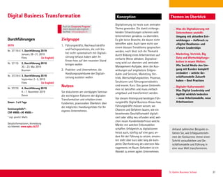 St. Gallen Business School 37
Durchführungen Zielgruppe
Themen im ÜberblickKonzeption
1. Führungskräfte, Nachwuchskräfte
und Fachspezialisten, die sich bis-
her nicht systematisch mit Digitali-
sierung befasst haben oder ihr
Know-how auf den neuesten Stand
bringen wollen
2. Praktiker und Unternehmer, die
Handlungsspielräume der Digitali-
sierung ausloten wollen
Nutzen
Sie diskutieren am viertägigen Seminar
die wichtigsten Faktoren der digitalen
Transformation und erhalten einen
fundierten, praxisnahen Überblick über
die möglichen Handlungsfelder für Ihr
eigenes Unternehmen.
Digitalisierung ist heute zum zentralen
Thema geworden. Die damit einherge-
henden Entwicklungen scheinen viele
Unternehmen geradezu zu überrollen.
Es gibt keine Branche, die davon nicht
betroffen wäre. Auch kann nicht von
einem blossen Trendthema gesprochen
werden, noch lässt sich die Thematik
durch Bildung eines Arbeitskreises auf
einfache Weise abhaken. Digitalisie-
rung wird zur obersten und zentralen
Management-Aufgabe, denn die Aus-
wirkungen auf angebotene Endpro-
dukte und Services, Marketing, Ver-
trieb, Wertschöpfungsketten, Prozesse,
Strukturen und Führungsverständnis
sind enorm. Kurz: Das ganze Unterneh-
men ist betroffen und muss vielfach
umgebaut und transformiert werden.
Vor diesem Hintergrund benötigen Füh-
rungskräfte Digital Business-Know-how.
Führungskräfte müssen wissen, wo
Chancen und Gefahren lauern, wie ein
bestehendes Geschäftsmodell digitali-
siert oder völlig neu erfunden wird, wel-
chen neuen Kundenbedürfnisse welche
Märkte mit welchen Erlösmodellen
schaffen. Erfolgreich zu digitalisieren
heisst auch, künftig auf eine ganz an-
dere Art der Führung zu setzen, ansons-
ten steht über kurz oder lang die kom-
plette Überforderung des obersten Ma-
nagements im Raum. Gefordert ist ein
Wandel zu einem agilen Unternehmen.
2019
Nr. 37119-E 1. Durchführung 2019
January 28–31, 2019
Flims (in English)
Nr. 37119 2. Durchführung 2019
20.–23. Mai 2019
Brunnen
Nr. 37219-E 3. Durchführung 2019
September 2–5, 2019
Flims (in English)
Nr. 37219 4. Durchführung 2019
4.–7. November 2019
Davos
Dauer: 1x4 Tage
Seminargebühr*:
CHF 4900.–/€ 4500.–
* zzgl. gesetzl. MwSt.
Detailinformationen, Anmeldung
via Internet: www.sgbs.ch/37
Digital Business Transformation
Was die Digitalisierung mit
Unternehmen anstellt:
Umgang mit aktuellen Ent-
wicklungen – Aufbruch zu
«Digital Readiness» und
«Future Leadership»
Marketing, Vertrieb, Big
Data und Wertschöpfungs-
ketten in neuen Welten:
Wie Social Media den Um-
gang mit Kunden komplett
verändert – welche Ge-
schäftsmodelle Zukunft
haben – Best Practices
Digitaler Kulturwandel:
Was Digital Leadership und
Agilität wirklich bedeuten
– neue Arbeitsmodelle, neue
Arbeitsweisen
Anhand zahlreicher Beispiele er-
fahren Sie, wie Erfolgsunterneh-
men der Konkurrenz immer einen
Schritt vorausbleiben und Ge-
schäftsmodelle und Führung in
eine neue Welt transformieren.
Auch als Corporate Program
intern deutschoderenglisch
buchbar. inhouse@sgbs.ch
 