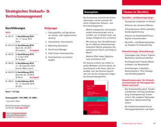 St. Gallen Business School 47
Durchführungen Zielgruppe
Konzeption Themen im ÜberblickStrategisches Verkaufs- 
Vertriebsmanagement Geschäfts- und Marketingstrategie
Strategische Leitplanken im Verkauf
Deﬁnition des relevanten Marktes
Verkaufsprozesse effektiv gestalten,
Kundensegmentierung
Erfassen von Kundenbedürfnissen:
Digitale Innovationsideen
Geschäfts- und Marketingstrategie
als Vorgaben für Verkaufserfolg
Verkaufsstrategie, Verkaufskonzept
Zielvorgaben bzgl. Umsatz, Ergebnis,
Marktanteil, Kundenzufriedenheit
Portfoliogestützte Produkt-/Markt-
strategien und Absatzkanäle
Entscheidungen zu Qualitäts-,
Kommunikations-, Preis-Strategie
und Vermarktungspolitik
Akquisitionskonzepte: Der Verkaufs-
verantwortliche als Führungspersön-
lichkeit und Coach
Den Verkaufserfolg planen: Kunden-
zufriedenheit, Clienting, Kundenbin-
dung, Kundenpotenziale, Kunden
sichern: Wie vorgehen? Neukunden
akquirieren: Akquisitionserfolg
steuern
Der Verkaufsverantwortliche als
Führungspersönlichkeit und Coach
1. Führungskräfte und Spezialisten
mit Umsatz- oder Ergebnisverant-
wortung
2. Verkaufsleiter, Vertriebsleiter
3. Marketing-Spezialisten
4. Key Account Manager
5. Proﬁt Center-Verantwortliche
6. Verantwortliche von Umsatz-
budgets
Das Kurzseminar vermittelt die Schlüs-
selprinzipien und die zentralen Ele-
mente erfolgreichen Verkaufs- und
Vertriebsmanagements:
Welche strategischen und konzepti-
onellen Voraussetzungen sind zu
schaffen, um im Verkauf heute und
morgen erfolgreich sein zu können?
Wie wird aus einer Geschäftsstrate-
gie ein effektives Verkaufskonzept
entwickelt? Welche geeigneten Ver-
kaufsprozesse führen zum Erfolg im
Markt?
Welchen Effekt haben Digitalisie-
rung und Industrie 4.0?
Am Seminar erfahren Sie vielfach er-
probte Methoden und Instrumente, die
anschliessend in der Praxis sofort an-
wendbar sind. Das Seminar konzent-
riert sich auf die strategischen Fragen
des Verkaufsmanagements.
2019
Nr. 44119 1. Durchführung 2019
14.–17. Januar 2019
Davos
Nr. 44119-E 2. Durchführung 2019
March 26–29, 2019
DE-Frankfurt (in English)
Nr. 44219 3. Durchführung 2019
2.–5. April 2019
DE-Stuttgart
Nr. 44319 4. Durchführung 2019
17.–20. September 2019
Brunnen (Nähe Luzern)
Nr. 44319-E 5. Durchführung 2019
November 26–29, 2019
DE-Berlin (in English)
Nr. 44419 6. Durchführung 2019
10.–13. Dezember 2019
DE-Köln
Dauer: 1x4 Tage
Seminargebühr*: CHF 3900.–/€ 3600.–
* zzgl. gesetzl. MwSt.
Detailinformationen, Anmeldung
via Internet: www.sgbs.ch/44
ST.GALLER
BUSINESS BOOKS  TOOLS
GENERAL MANAGEMENT SERIES
Auf Basis des integrierten Managements
zur Exzellenz: Das EFQM-Exzellenz-Modell
und seine Anwendung
Beitrag von Stephan Gehling
Christian Abegglen
Herausgeber
Publikationsreihe
Ganzheitliches Management
in der Praxis
Ausgewählte Diplomarbeiten der St.Galler Business School
Band 20/2016
ChristianAbegglenDasEFQM-Exzellenz-Modell·Band20
ST.GALLER
BUSINESS BOOKS  TOOLS
GENERAL MANAGEMENT SERIES
EDITIONGENERALMANAGEMENTSERIES
20
Band 20: Auf Basis des integrierten
Managements zur Exzellenz: Das EFQM-
Exzellenz-Modell und seine Anwendung
Stephan Gehling erläutert in seiner Arbeit «Auf Basis des integrier-
ten Managements zur Exzellenz: Das EFQM-Exzellenz-Modell und
seine Anwendung» den Mehrwert eines von einer reinen Produkt- oder
Dienstleistungsqualität gelösten Total Quality Managements - einer
neuen Führungs- und Managementkultur, in der die komplexen Zu-
sammenhänge der gesamten Organisation und auch die Betrachtung
der «Business-Exzellenz» im Fokus stehen und damit ein Konzept zur
organisatorischen Ausgestaltung und Umsetzung eines integrierten Ma-
nagementsystems, welches den aktiven Wechsel einer technokratisch
orientierten Führung hin zu einer humanistischen Führung unterstützt
und aktuellen Anforderungen im Management gerecht wird.
Auch als Corporate Program
intern deutschoderenglisch
buchbar. inhouse@sgbs.ch
 