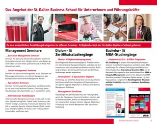 St. Gallen Business School 5
Executive Management Seminare
Seminare für obere und oberste Führungskräfte, welche ihre
Leistungsbereitschaft und -fähigkeit bereits unter Beweis ge-
stellt haben und sich weiter qualiﬁzieren und ihr Know-How
aktualisieren wollen.
Junior Management Seminare
Seminare für Nachwuchsführungskräfte ab ca. 28 Jahren und
Führungspersönlichkeiten im mittleren Management oder
Fachspezialisten ohne General Management-Wissen.
Spezialisten Seminare
Seminare für Führungskräfte, Spezialisten und Stabsmitarbei-
ter, die sich in den Bereichen Finanzen, Controlling, Marke-
ting, Strategie, Führungsverhalten u.a.m. weiterbilden wollen.
Internationale Ausbildungen
Viele klassische Managementseminare werden auch in engli-
scher Sprache durchgeführt. Zudem ﬁnden Seminare zu den
Themen Strategie, Leadership, Finanzen und Marketing eben-
falls in englischer Sprache in Boston (Harvard Club), London
(LSE), Shanghai (CEIBS) und Krakau unter Einbezug lokaler
Universitäten und Firmen statt.
Akademische B.A.-  MBA-Programme
B.A. Ausbildung für jüngere Führungskräfte (berufsbeglei-
tend), die einen Hochschulabschluss nachholen wollen. MBA-
Ausbildungen für erfahrene Führungspersönlichkeiten mit
Hochschulabschluss (International Executive MBA) und für
Nachwuchsführungskräfte ohne Hochschulabschluss (MBA in
Integrated Management), welche einen akademischen MBA-
Abschluss anstreben. Vorhandene Diplome werden – je nach
Voraussetzung – angerechnet. Berufsbegleitend. Maximale
zeitliche Flexibilität aufgrund des modularen Ausbildungs-
konzepts.
Master-  Diplomstudienprogramme
Berufsbegleitende Diplomstudiengänge für Praktiker, welche
eine höhere General Managementfunktion anstreben und dem-
entsprechend eine umfassende betriebswirtschaftliche Ausbil-
dung benötigen. Bereits besuchte Seminare oder Zertiﬁkats-
Ausbildungen werden angerechnet.
Generalisten-  Spezialisten-Diplome
Vermittlung von vertieftem Know How in einem speziﬁschen
betriebswirtschaftlichen Fachgebiet mit Diplomabschluss -
mit späterer Upgrade-Möglichkeit in Richtung einer General
Management Ausbildung
Management-Zertiﬁkate
Ausbildungen mit Zertiﬁkatsabschluss für Führungskräfte,
welche Ihr Praxiswissen theoretisch fundieren möchten oder
für Nachwuchskräfte, welche sich Managementwissen in-
nert kürzester Zeit aneignen möchten. Upgrade-Möglichkeit
in Richtung einer General Management oder Spezialisten-
Ausbildung
Management Seminare Bachelor- 
MBA-Studiengänge
Diplom- 
Zertiﬁkatsstudiengänge
St.Gallen
Business School
Berufsbegleitende Executive MBA-Ausbildung
für Führungskräfte
St.Gallen
Business School
UPGRADES
YOUR
PERSPECTIVE
MBA
INTERNATIONAL EXECUTIVE
SEMINARE
FERNSTUDIEN-
MODULE
KOLLOQUIEN
PRAXISARBEIT
International
Executive MBA 2019-2020
Das Angebot der St.Gallen Business School für Unternehmen und Führungskräfte
Zu den wesentlichen Ausbildungskategorien im offenen Seminar-  Diplombereich der St.Gallen Business School gehören:
Telefon: 0041 (0)71 225 40 80
Telefax: 0041 (0)71 225 40 89
Internet: www.sgbs.ch
E-Mail: seminare@sgbs.ch
Beratung und Information:
St. Galler Business School
Rosenbergstrasse 36
CH-9000 St.Gallen
«Certiﬁed Management Expert» Bachelor of Arts (B.A.)
in Business Administration – Executive Bachelor
Aufbau Programm
Das «St.Galler Management Seminar» ist auf
insgesamt 9 Seminarmodule aufgeteilt, welche
alle innerhalb von ca. 1 Jahr zu besuchen sind;
ein Einstieg ist jederzeit möglich, da die Modu-
le in beliebiger Reihenfolge besucht werden
können und jedes Modul zudem mind. zweimal
pro Jahr durchgeführt wird. So können sich die
Teilnehmenden die passenden Termine indivi-
duell zusammenstellen. Ein Modul besteht aus
jeweils 2 bis max. 4 Tagen.
Unternehmerisch Denken in digitalen
Zeiten
Oberste Zielsetzung: Training unternehmerischer
Denkweisen und von Soft-Skills gerade auch in
den heutigen digitalen Zeiten – immer an
konkreten Beispielen auf Basis von aktuellstem
St.Galler Managementwissen.
Innovatives Konzept
Die Teilnehmenden profitieren dank der Ko-
operation der St.Galler Business School und
der Steinbeis-Hochschule Berlin zweifach:
Sie erhalten messbare Ergebnisse dank des
bewährten Management-Wissenspools der
St.Galler Business School und erfahren
gleichzeitig dank persönlicher Betreuung die
grosse Projektkompetenz des Steinbeis Ver-
bunds zu den heute relevanten Management-
themen.
Praxisnahe Abschlusstests St.Gallen,
Stuttgart, Bodenseeraum
Praxisnahe Lernkontrollen finden direkt im
Anschluss an die einzelnen Seminarmodule
statt. Seminarsprache ist Deutsch, Durchfüh-
rung in St.Gallen, Stuttgart, Bodenseeraum.
Teilnehmende
Das Seminar richtet sich speziell an Unternehmer
und Führungskräfte, die bestrebt sind, gegen-
wärtige und aktuelle Probleme fundiert und
zukunftsgerichtet zu lösen und sich intensiv mit
gleichartigen erfahrenen Teilnehmenden und
Praktikern austauschen wollen.
«Certified Management Expert»-Titel
Nach erfolgreichem Besuch aller Module des
St.Galler Management Seminars erhalten Sie
eine Teilnahmebescheinigung der St.Galler Busi-
ness School sowie der Steinbeis-Hochschule
Berlin (SHB). Teilnehmende, die alle Lernkontrol-
len erfolgreich absolvieren, erhalten insgesamt
28 ECTS (Credit points) und sind berechtigt den
Titel «Certified Management Expert (CME)» zu
führen. Anrechnung an ein B.A. oder MBA Pro-
gramm grundsätzlich möglich.
Das 3jährige berufsbegleitende Executive
Bachelorstudium liefert Unternehmen, Führungs-
kräften und Spezialisten – dank der Verbindung
zwischen der praxisorientierten Projektvorge-
hensmethodik der Steinbeis-Hochschule Berlin
und dem Integrierten St.Galler Konzept der
St.Galler Business School – rasch messbare Pro-
jektergebnisse, welche sofort im Unternehmen
zirkulieren und zu innovativen Lösungen sowie
Wettbewerbsvorteilen führen.
Aufbau Programm
Zahlreiche 2-4tägige Module, zeitlich flexibel
zu wählen, wechseln sich mit konkreter Pro-
jektarbeit ab. Sie erhalten Ihren persönlichen
Coach und Betreuer.
Innovatives Studieren - fern von
Massenbetrieb und Theorielastigkeit -
auch ohne Abitur
Maximal auf die Anforderungen des Arbeits-
marktes zugeschnitten, unterscheidet sich die-
ses Executive Bachelorstudium von anderen
BWL-Studiengängen und blossen Fernstudien:
Maximaler Praxisbezug dank Projekten, flexibel
wählbare Zeitslots, integriertes St.Galler Wis-
sen, Studieren auch ohne Abitur, die individu-
elle Betreuung fern von einem universitären
Massenbetrieb.
Nach erfolgreichem Studienabschluss verleiht
die Steinbeis-Hochschule Berlin den staat-
lich anerkannten akademischen Abschluss
»Bachelor of Arts – B.A.«. Der Executive B.A.
ist international nach FIBAA akkreditiert. Für
den Abschluss als Bachelor of Arts werden 180
Credit Points nach dem European Credit Trans-
fer System (ECTS) vergeben.
MANAGEMENT
Bleicher,Abegglen
DASKONZEPT
INTEGRIERTESMANAGEMENT
DAS KONZEPT
INTEGRIERTES
MANAGEMENT
Knut Bleicher
mit Christian Abegglen
Visionen – Missionen –
Programme
St. Galler
Management-
Konzept
9., aktualisierte und erweiterte
Auflage des Standardwerks
Der ganzheitliche Ansatz des St. Galler Management-Konzepts hat das
Denken und Handeln unzähliger Manager nachhaltig beeinflusst. In
diesem Standardwerk der Management-Lehre von Knut Bleicher fin-
den Führungskräfte den Gestaltungsrahmen für die Zukunftssicherung
ihrer Unternehmung. Das Buch transformiert komplexes Wissen in
hohen Lesernutzen.
Diese von Christian Abegglen komplett überarbeitete Auflage führt
den Leser zusätzlich mit dem neuen St. Galler Wissensnavigator beim
Nachschlagen, Querlesen und Umsetzen von der Theorie hin zur
Praxis der integrierten Unternehmungsentwicklung.
Jetzt mit St. Galler Startpaket!
Mit Zusatzmaterialien zum Download: Exklusiv für Leser dieses Buches
stehen Arbeitspapiere, Schautafeln, Roadmaps und Anleitungen digital
bereit.
»Der Orientierungsrahmen für ganzheitliches Management!
Ein langlebiger, großartiger Wurf!«
Prof. Dr. Dr. h.c. mult. Peter Horváth, Universität Stuttgart
»Eine der grundlegenden Schriften der modernen Management-Lehre.
Ein zeitloser Ratgeber für die Praxis und Grundlage zur Entwicklung
unternehmensindividueller und dauerhafter Strategien.«
Dr. U. M. Schneider, CEO, Nestlé S.A.
»Ein Management-Leitfaden der besonderen Art – praxistaugliche
Modelle werden prägnant aufgezeigt. Eine wichtige Lektüre und ein
Nachschlagewerk für Theorie und Praxis gleichermaßen.«
Dr. Manfred Wittenstein, Aufsichtsratvorsitzender der WITTENSTEIN SE
»Integriertes Management – ein griffiges Konzept, das alltags-
taugliche und praxisorientierte Denkanstöße liefert, wie Visionen
und Strategien erfolgreich umgesetzt werden können.«
Bettina Würth, Vorsitzende des Beirats der Würth-Gruppe
ISBN 978-3-593-50599-2
€64,00[ D ]
2018 St.Galler
Business School
MBA-, B.A.-  ZERTIFIKATSDIPLOME
für Führungs-  Nachwuchskräfte
8. Januar 2018
9. April 2018
9. Juli 2018
8. Oktober 2018
Studieren
in St.Gallen
7. Januar 2019
Nächste Studienstarts
Studiengebühr*: € 21600.–
* zzgl. MwSt.
Studiengebühr*: € 9900.–
* zzgl. MwSt.
Mit dem «St.Galler Management Seminar» in 20 hochkarätigen Seminar-
tagen über die Dauer von 1 Jahr zum «Certiﬁed Management Expert»-Titel
In 3 Jahren berufsbegleitend, an den eigenen Unternehmensprojekten
arbeitend, zu einem akademischen B.A.
 