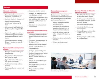St. Gallen Business School 53
Themen
Chronische Probleme im
Unternehmen analysieren
Ganzheitliches Management und
Komplexität, Trend Führung 4.0
Irrationale Aspekte im Management
Stabile Führungssituationen
schaffen: was bedeutet das für
mich?
Informationsﬂut und Produktivität
der Wissensarbeit im digitalen Zeit-
alter
Implementierung permanenter Lern-
und Entwicklungsprozesse: Die Ba-
lance zwischen Bewahren und Er-
neuern
Führungsverständnis im digitalen
Zeitalter – Umgang mit neuen Ge-
nerationen
Eigene ungenutzte Leistungsreserven
erkennen
Die eigene Karriereausrichtung als
Voraussetzung
Das persönliche Wertsystem erken-
nen, nutzen und zeigen
Eigene Potentiale im Führungspro-
zess optimal ausschöpfen
Aus Selbsterkenntnis zu Selbstbe-
wusstsein
Probleme als Chancen erkennen und
nutzen
Konstruktive Konﬂikte schüren
Die Macht der Gewohnheiten bre-
chen: Blockaden im Kopf
Die Bedeutung von Kreativität, Intu-
ition und Gespür: Wie man sich auf
Innovation und Pioniertaten pro-
grammiert
Entwicklung von Leistungssteige-
rungsstrategien
Die eigene permanente Fokussierung
sicherstellen
Zielﬁndung: Unbewusste Entschei-
dungen für das Unwichtige vermei-
den
Zieltransfer: Massnahmenpläne für
die tägliche Arbeit
«Beruﬂich Proﬁ – Privat Amateur»
Mentale Aspekte: Techniken zur
Energiegewinnung
Strategien für Routinetätigkeiten
Ausdauer, Engagement und Tatkraft
durch geplante Freiräume:
Burnout-Gefahren rechtzeitig er-
kennen
Umgang mit grossen Belastungen
und Niederlagen
Autorität durch Gelassenheit, Um-
gang mit Macht
Pﬂege zwischenmenschlicher
Beziehungen
Kommunikationsmanagement
der Executives
Sie trainieren den Umgang mit an-
spruchsvollen Kommunikationspartnern
und Führungsverhalten der Executives
und behandeln Themen wie:
Konﬂikt- und Konsensfähigkeit
unter Beweis stellen
Instrumente und Techniken für
souveränes Kommunizieren: Im
Team, in Konﬂikten, im Change
Lernen, die richtigen Fragen zu
stellen und gekonnt Feedback zu
geben
Training des eigenen authentischen
Verhaltens
Führung operativ umgesetzt
Coaching: Potentiale der Mitarbeiter
erkennen und nutzen
Was erfolgreiche Manager und de-
ren Mitarbeiter anders machen
Die Führungseigenschaften der Lea-
der: Visionäre, emotionale und inst-
rumentelle Führung
Instrumente der Einﬂussnahme
Fehler bei der Stellenbesetzung
rasch korrigieren
Effektives Delegieren erfordert Mut:
Aus Mitarbeitern Champions
machen
Mindestspielregeln und Grundsätze
der Zusammenarbeit
Andreas Rippberger, Dipl.-Betr.-Wirt
Director Consulting St.Galler Business School
 