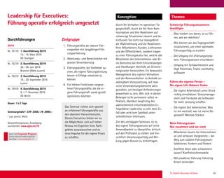 St. Gallen Business School 61
Durchführungen Zielgruppe
Konzeption ThemenLeadership für Executives:
Führung operativ erfolgreich umgesetzt Schwierige Führungssituationen
bewältigen
Was hindert uns daran, so zu füh-
ren, wie wir möchten?
Wie können wir das Tagesgeschäft
strukturieren, um einen optimalen
Führungserfolg zu erzielen
Der Umgang mit «Führungsrezep-
ten»: Führungswissen einschätzen
Umgang mit Schwachleistern und
High Potentials, Teams nachhaltig
aufbauen
Führen der eigenen Person –
Die eigene Life-Balance ﬁnden
Die eigene Arbeitskraft unter Druck
richtig einschätzen: Stressmanage-
ment und Freiräume als Schleusen
für mehr Leistung schaffen
Die eigene Zeit beherrschen: Was
ist mir wertvoll, was ist meine Ge-
genwelt? Mentale Stärken
Mein Führungsteam:
Nur zusammen sind wir stark
Mitarbeiter heuern bei Unternehmen
an und verlassen Vorgesetzte – der
Weg zum stabilen Führungsteam:
Selektieren, Fordern und Fördern
Konﬂikte lösen oder schlummern
lassen? Konﬂiktstufenmodelle
Mit proaktiver Führung frühzeitig
Krisen vermeiden
1. Führungskräfte der oberen Füh-
rungseben mit langjähriger Füh-
rungserfahrung
2. Abteilungs- und Bereichsleiter mit
grosser Verantwortung
3. Führungskräfte, die Stellhebel su-
chen, die eigene Führungsleistung
besser in Erfolge umsetzen zu
können
4. Für höhere Funktionen vorgese-
hene Führungskräfte, die die ei-
gene Führungskraft vorab gezielt
optimieren möchten
Durch Ihr Verhalten im operativen Ta-
gesgeschäft, durch die Art Ihrer Kom-
munikation und Ihre Reaktionen auf
schwierige Situationen steuern und be-
einﬂussen Sie nicht nur massgeblich
die Wahrnehmung und die Reaktionen
Ihrer Mitarbeitern, Kunden, Lieferanten
und der Öffentlichkeit, sondern tragen
zu einer Führungskultur bei, welche alle
Mitarbeiter des Unternehmens oder Ih-
res Bereiches bei Ihren Entscheidungen
und Handlungen ebenfalls als Orientie-
rungsraster heranziehen. Ein bewusstes
Management des eigenen Verhaltens
und der Kommunikation ist deshalb un-
abdingbare Voraussetzung, will man
seine Verantwortungsbereiche aktiv
gestalten, um heutigen Anforderungen
gewachsen zu sein. Wer sich in diesen
Belangen nicht permanent selbst re-
ﬂektiert, überlässt langfristig den
wahrscheinlich entscheidendsten Er-
folgsfaktor Leadership zu sehr dem Zu-
fall oder wird zum Spielball unter-
schiedlichster Interessen.
Ziel des viertägigen Seminars ist es,
das eigene Führungswissen auf seine
Anwendbarkeit zu überprüfen, kritisch
auf den Prüfstand zu stellen und hin-
sichtlich Umsetzungserfolg und Wir-
kung gegen Aussen zu hinterfragen.
2019
Nr. 75119 1. Durchführung 2019
13.–15. März 2019
DE-Stuttgart
Nr. 75219 2. Durchführung 2019
26.–28. Juni 2019
Brunnen (Nähe Luzern)
Nr. 75319 3. Durchführung 2019
18.–20. September 2019
Luzern
Nr. 75419 4. Durchführung 2019
9.–11. Dezember 2019
DE-Berlin
Dauer: 1x3 Tage
Seminargebühr*: CHF 3300.–/€ 2900.–
* zzgl. gesetzl. MwSt.
Detailinformationen, Anmeldung
via Internet: www.sgbs.ch/75
Das Seminar richtet sich speziell
an erfahrene Führungskräfte aus
den obersten Hierarchiestufen.
Diesen Executives bieten wir so
die Möglichkeit, sich auf hohen
Niveau mit Experten ihres Fach-
gebiets auszutauschen und so
neue Impulse für die eigene Praxis
zu schaffen.
Auch als Corporate Program
intern deutschoderenglisch
buchbar. inhouse@sgbs.ch
 